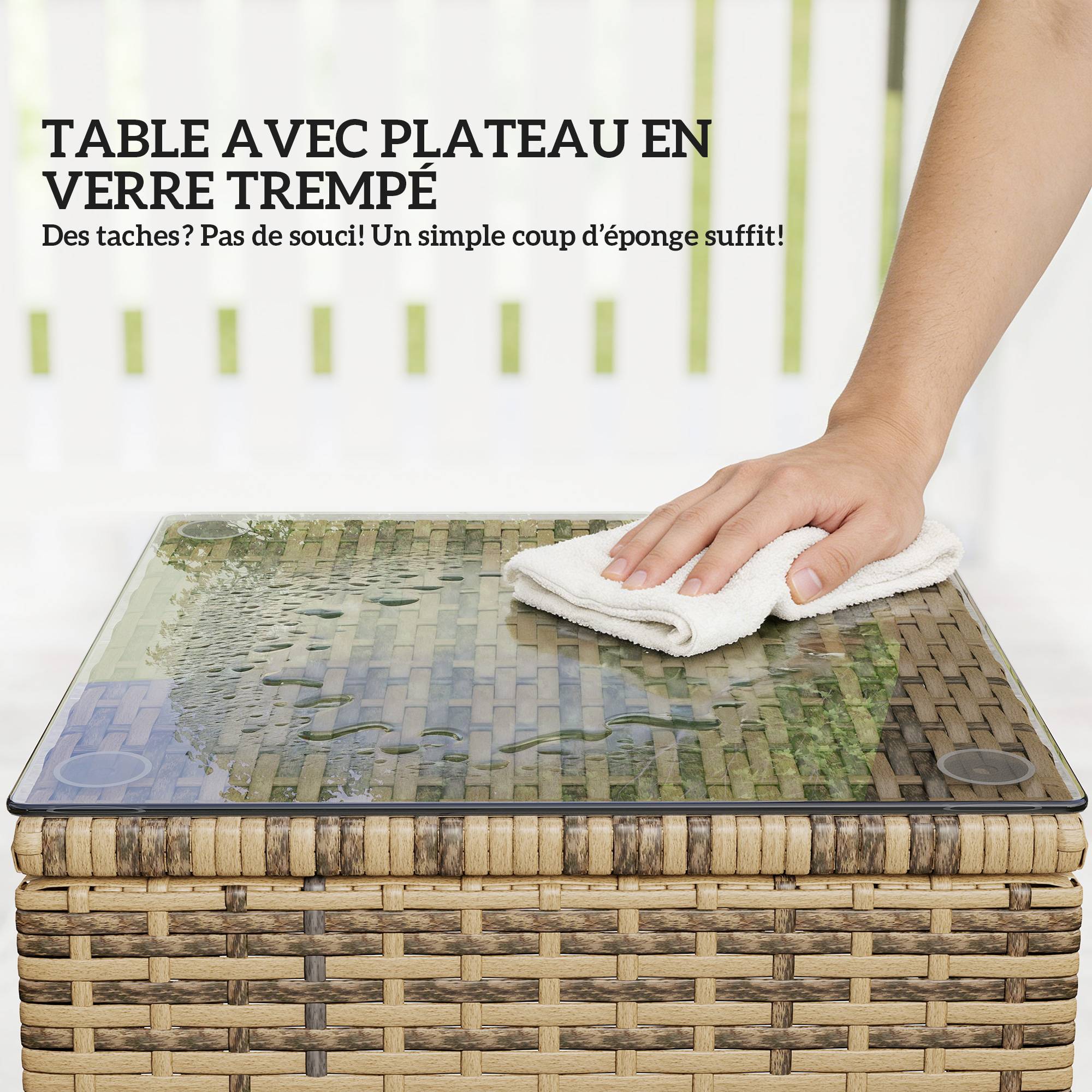 Lot de 2 transats bains de soleil : matelas, têtière, inclinaison réglable roulettes + table basse verre trempé gris foncé - Image 10