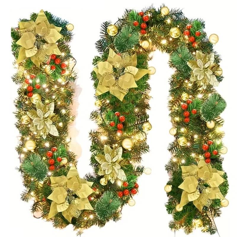 Guirlande de Noël 150 cm avec lumières LED, décoration de Noël, couronne de Noël artificielle avec fleurs, décorations pour sapin de Noël - Image 1