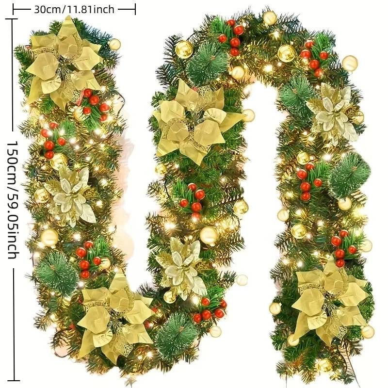 Guirlande de Noël 150 cm avec lumières LED, décoration de Noël, couronne de Noël artificielle avec fleurs, décorations pour sapin de Noël - Image 4