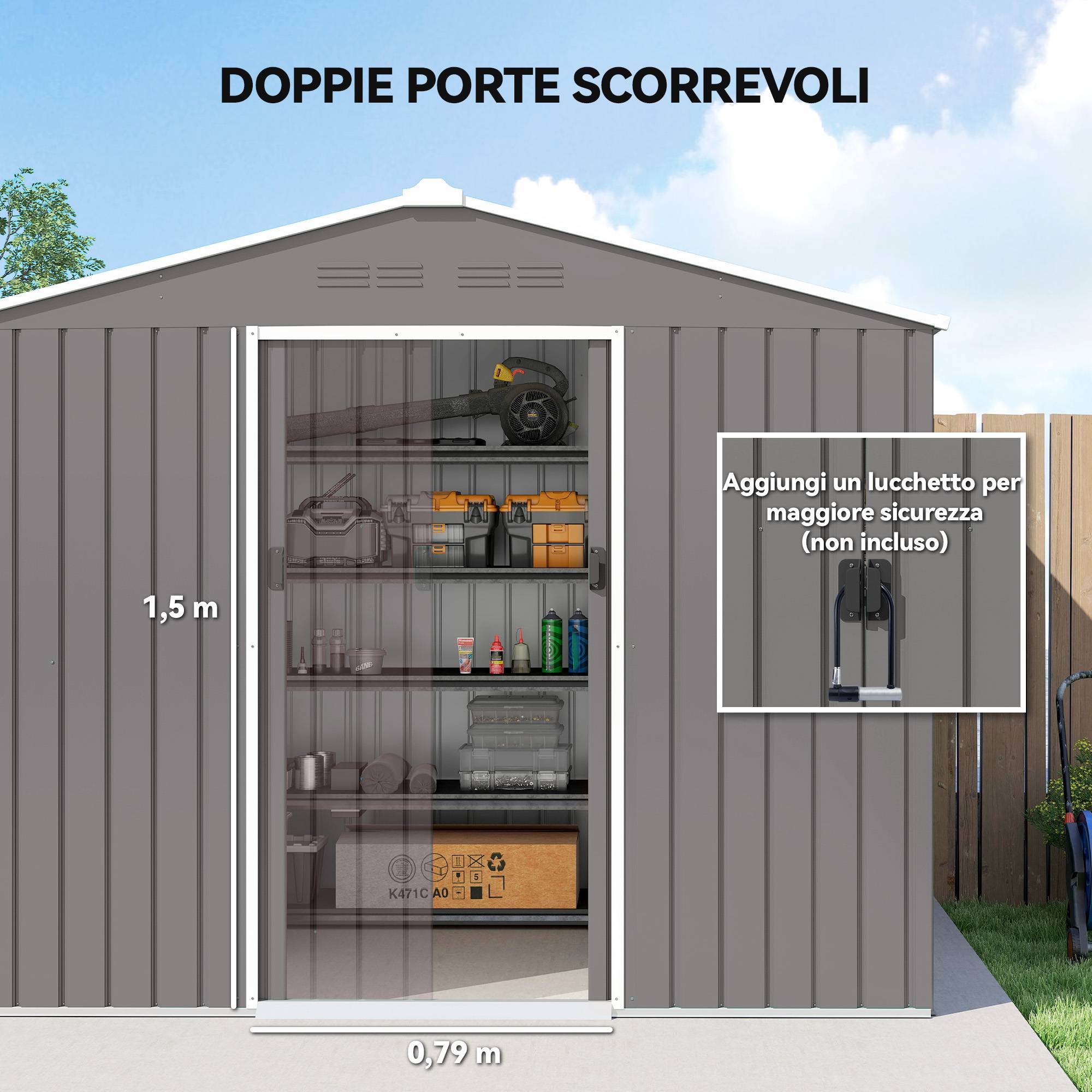 Abri de jardin acier galvanisé rangement extérieur double porte 236x171x191cm gris clair - ComfortXL Outdoor Living - Image 7