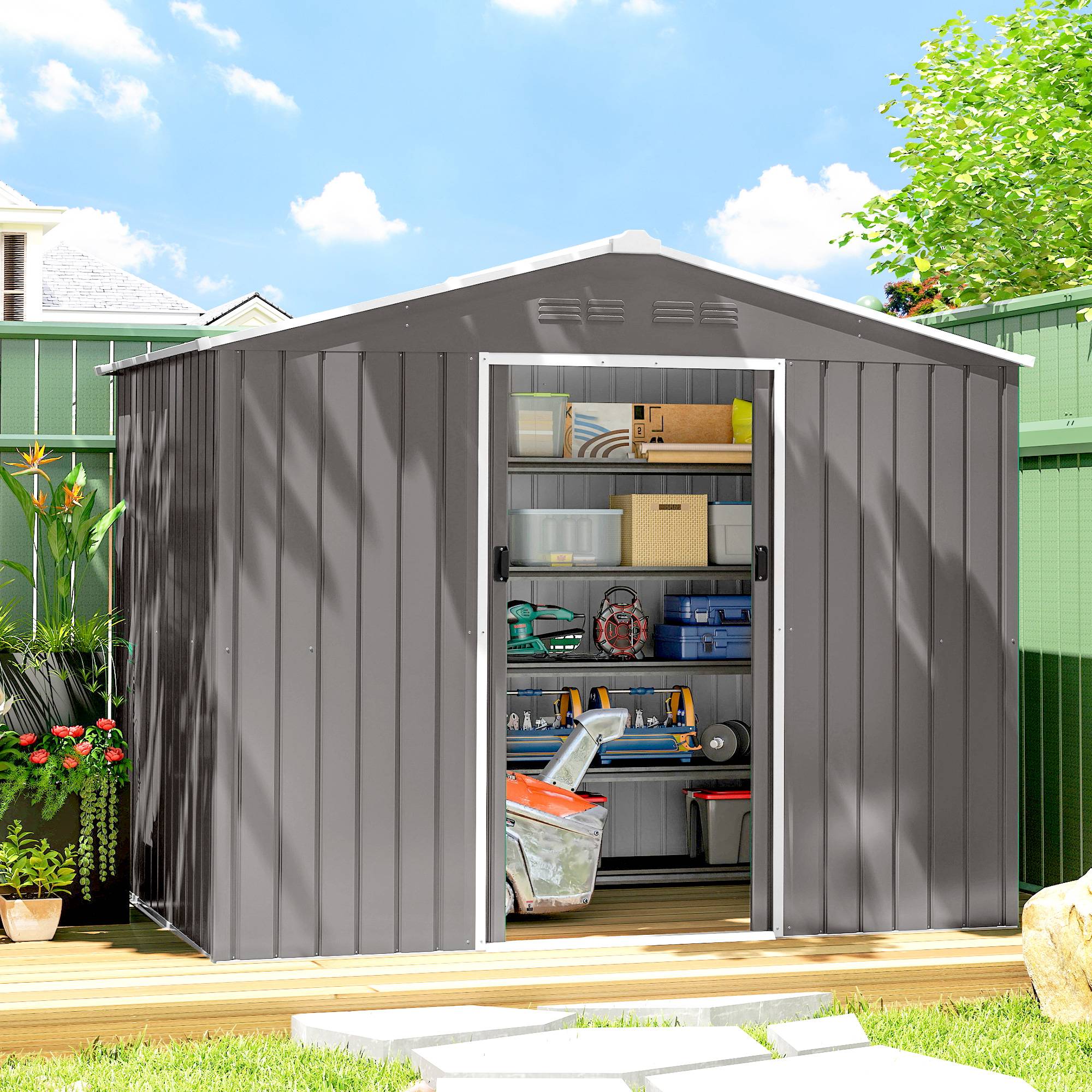Abri de jardin acier galvanisé rangement extérieur double porte 236x171x191cm gris clair - ComfortXL Outdoor Living - Image 3