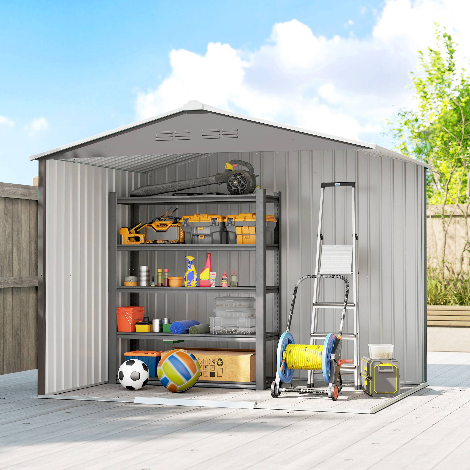 Abri de jardin acier galvanisé rangement extérieur double porte 236x171x191cm gris clair - ComfortXL Outdoor Living - Image 9