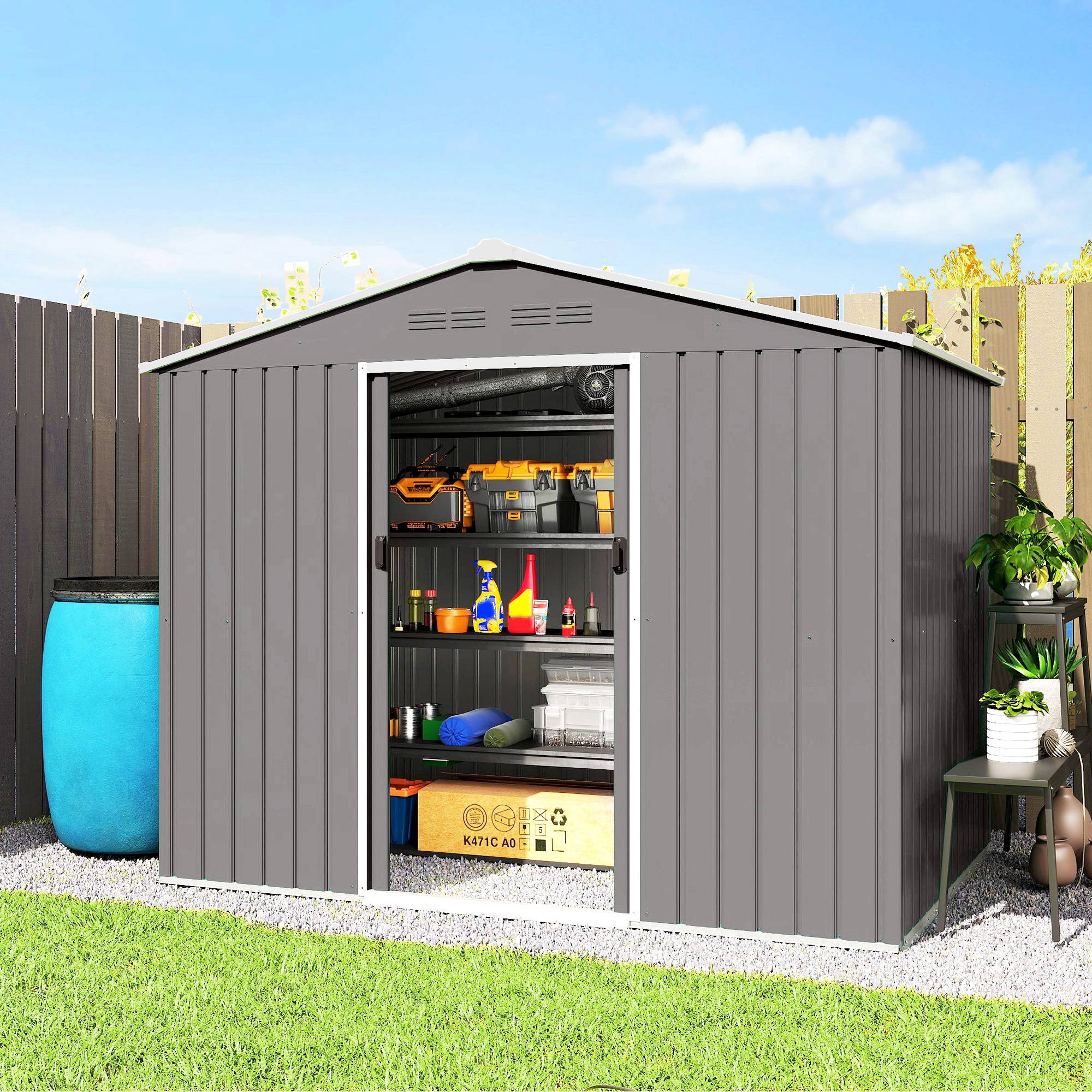 Abri de jardin acier galvanisé rangement extérieur double porte 236x171x191cm gris clair - ComfortXL Outdoor Living - Image 4