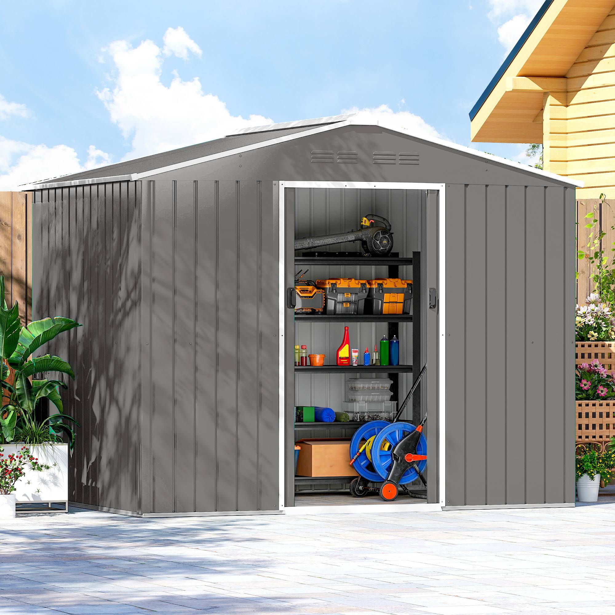Abri de jardin acier galvanisé rangement extérieur double porte 236x171x191cm gris clair - ComfortXL Outdoor Living - Image 10