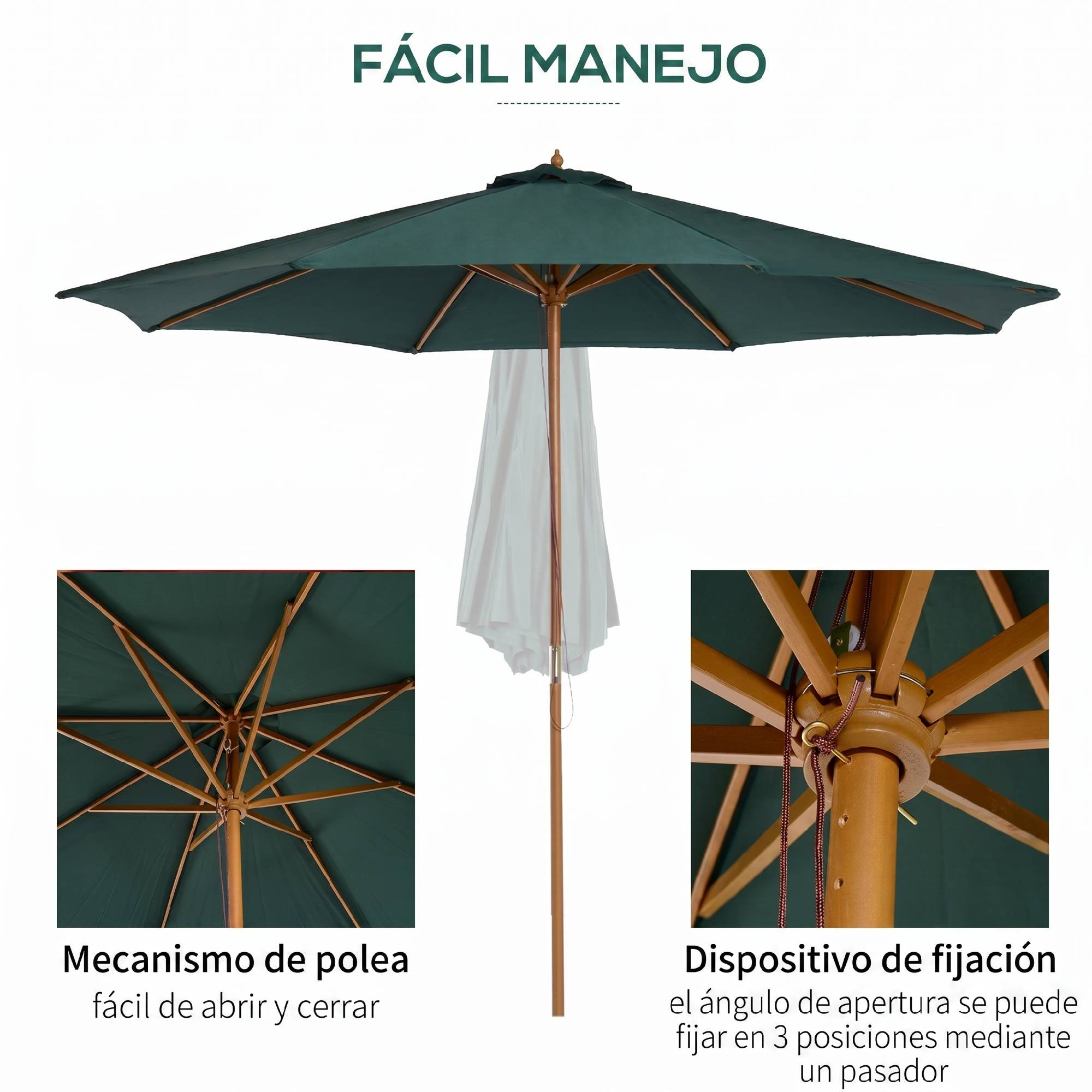 ComfortXL - Parasol jardin bois Ø300 cm vert toile polyester à poulie pour terrasse patio - ComfortXL Outdoor Living - Image 7
