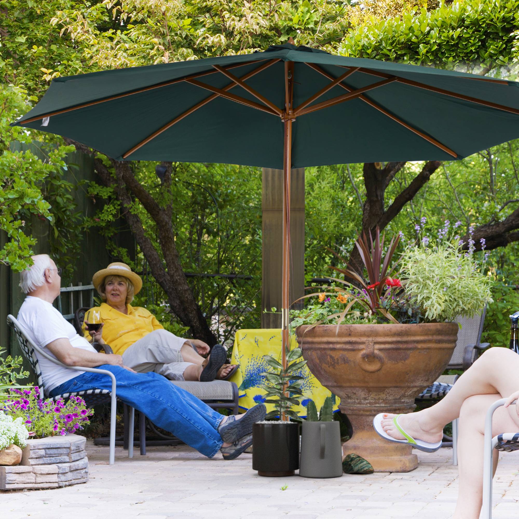 ComfortXL - Parasol jardin bois Ø300 cm vert toile polyester à poulie pour terrasse patio - ComfortXL Outdoor Living - Image 3
