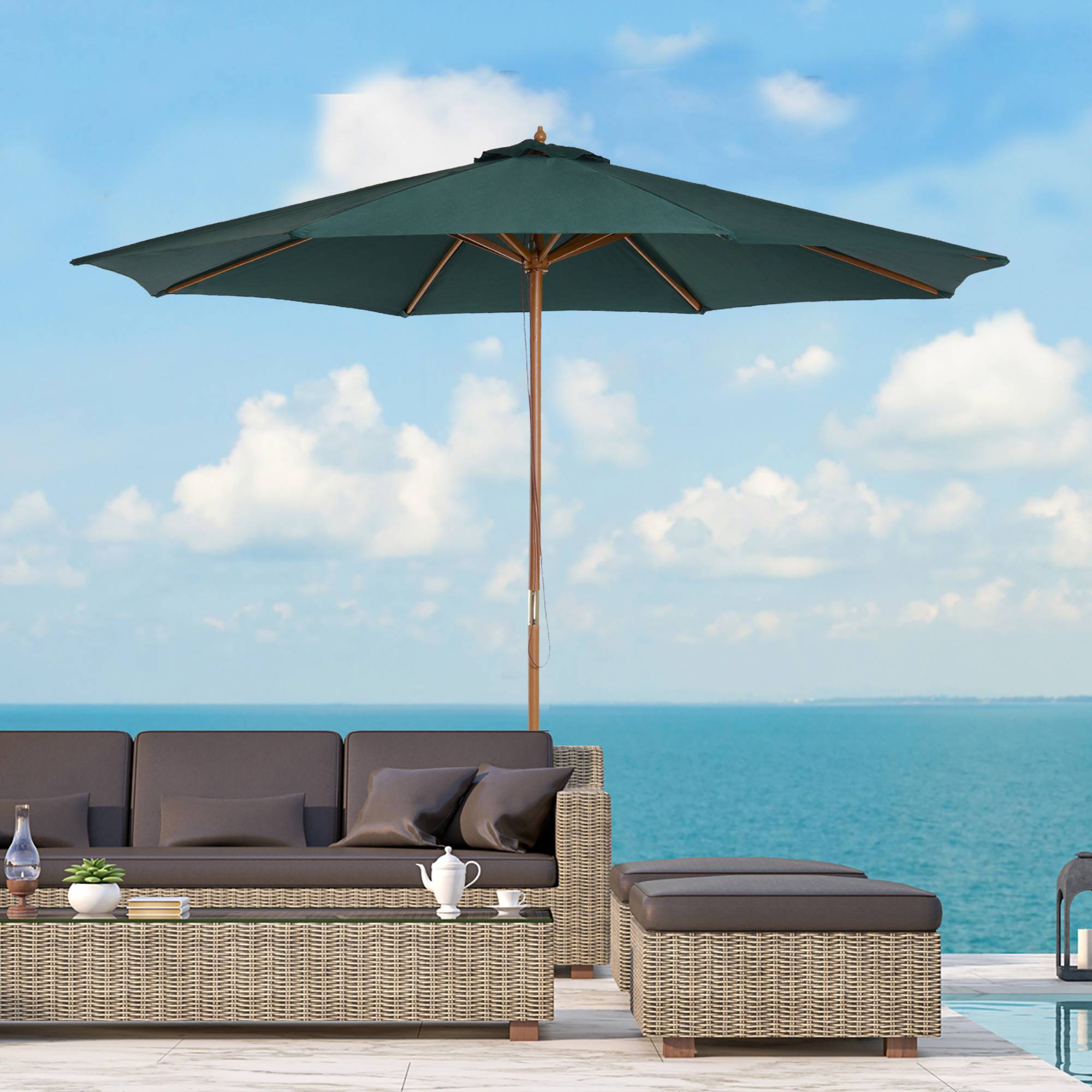 ComfortXL - Parasol jardin bois Ø300 cm vert toile polyester à poulie pour terrasse patio - ComfortXL Outdoor Living - Image 4