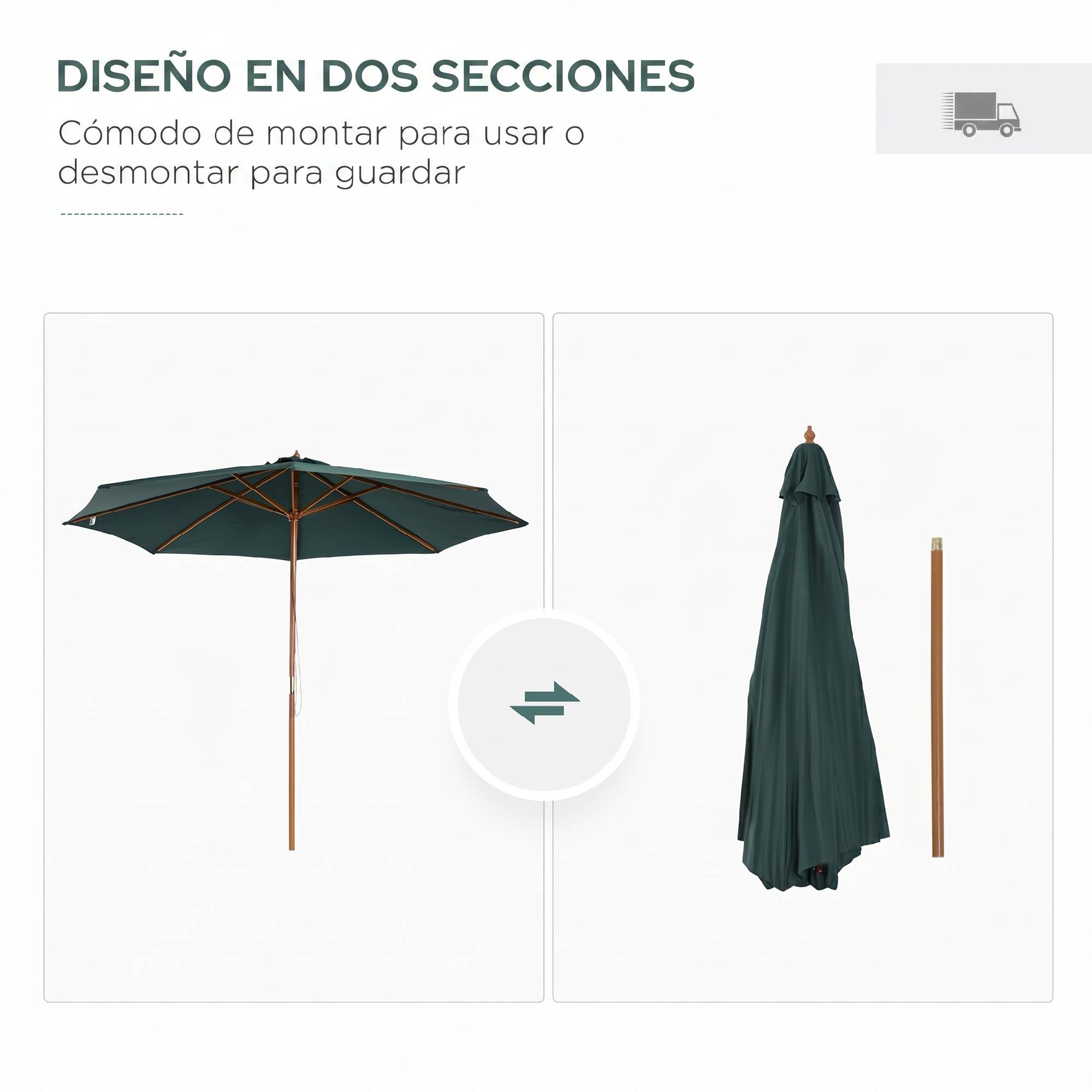 ComfortXL - Parasol jardin bois Ø300 cm vert toile polyester à poulie pour terrasse patio - ComfortXL Outdoor Living - Image 8