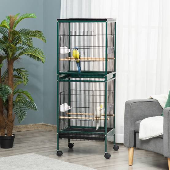 Grande volière double oiseaux acier sur roulettes plateau 51x50x140cm vert - ComfortXL Outdoor Living - Image 3