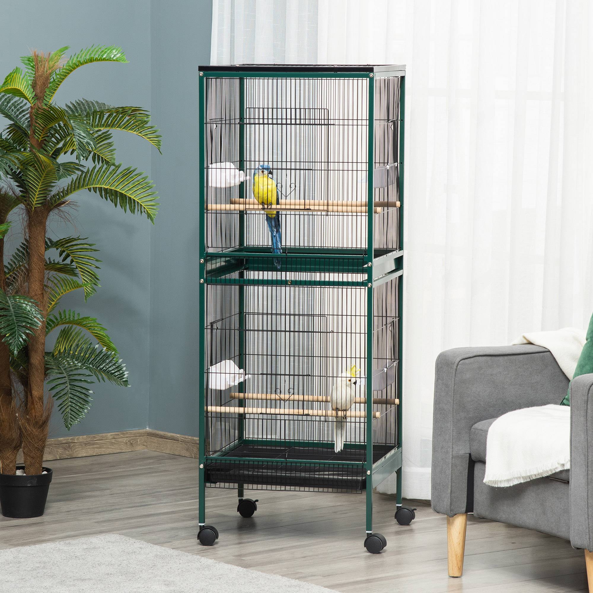 Grande volière double oiseaux acier sur roulettes plateau 51x50x140cm vert - ComfortXL Outdoor Living - Image 3