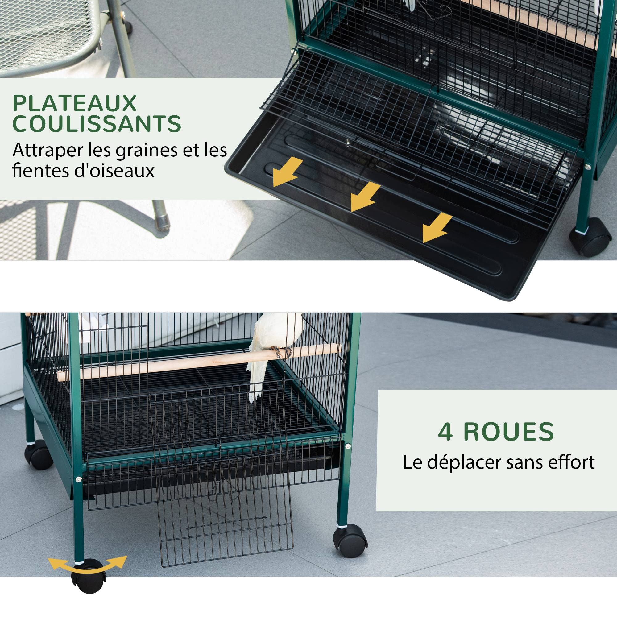 Grande volière double oiseaux acier sur roulettes plateau 51x50x140cm vert - ComfortXL Outdoor Living - Image 8