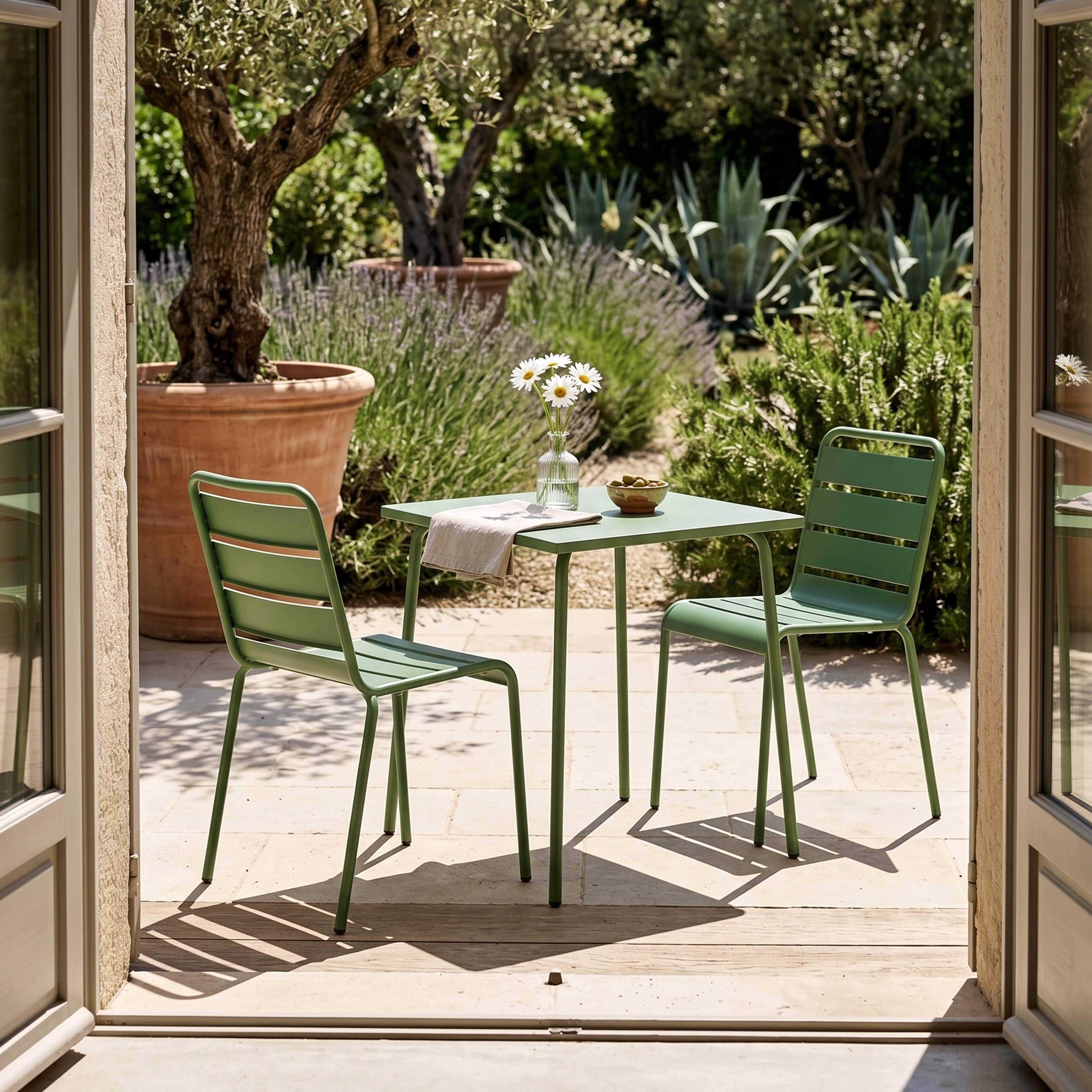 Oviala - Ensemble table de jardin carrée et 2 chaises acier vert cactus Palavas - Oviala - Image 2