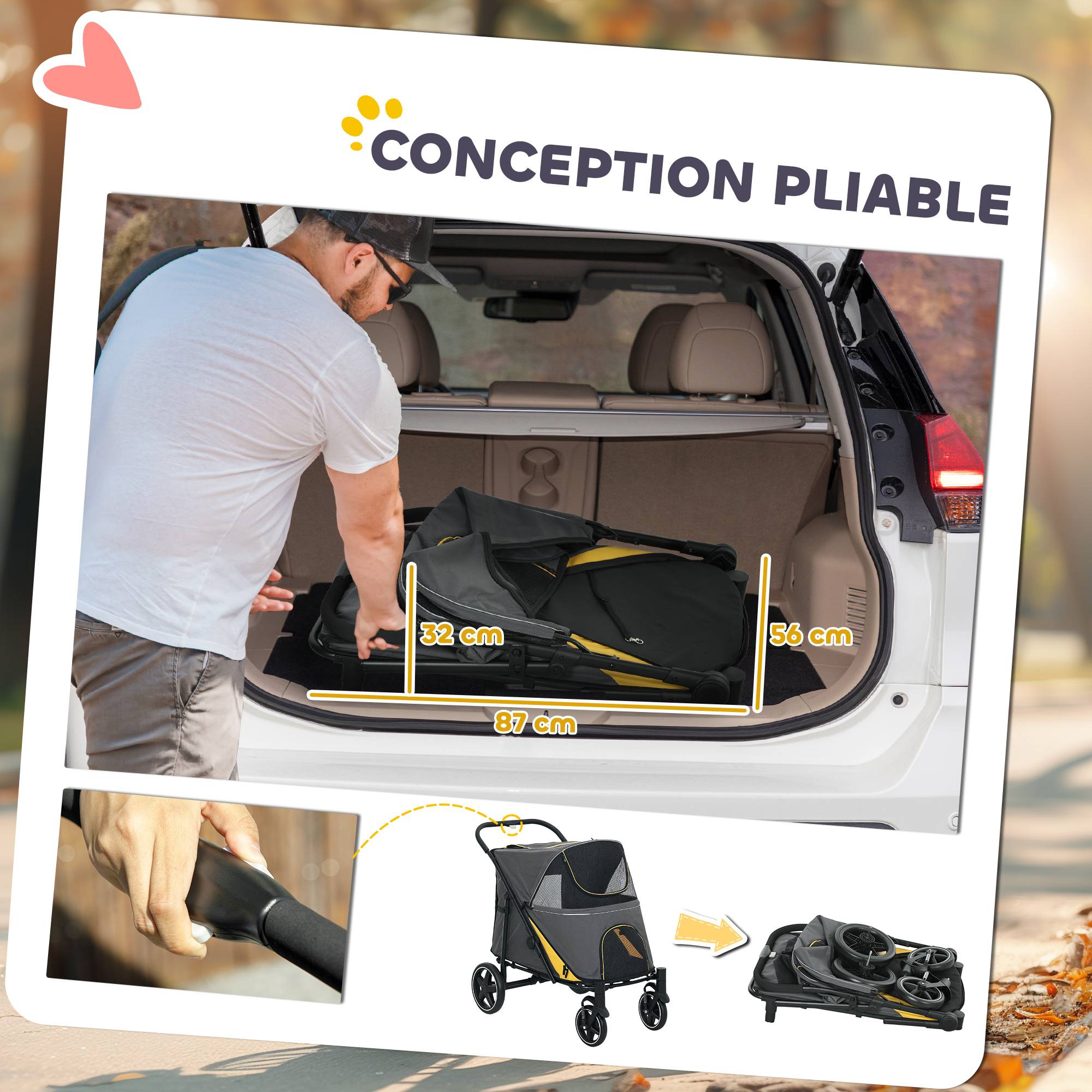 Poussette chien chariot pour chat 4 roues pliage en un clic laisse de sécurité charge 30 kg 112 x 65 x 100 cm gris foncé - Image 7