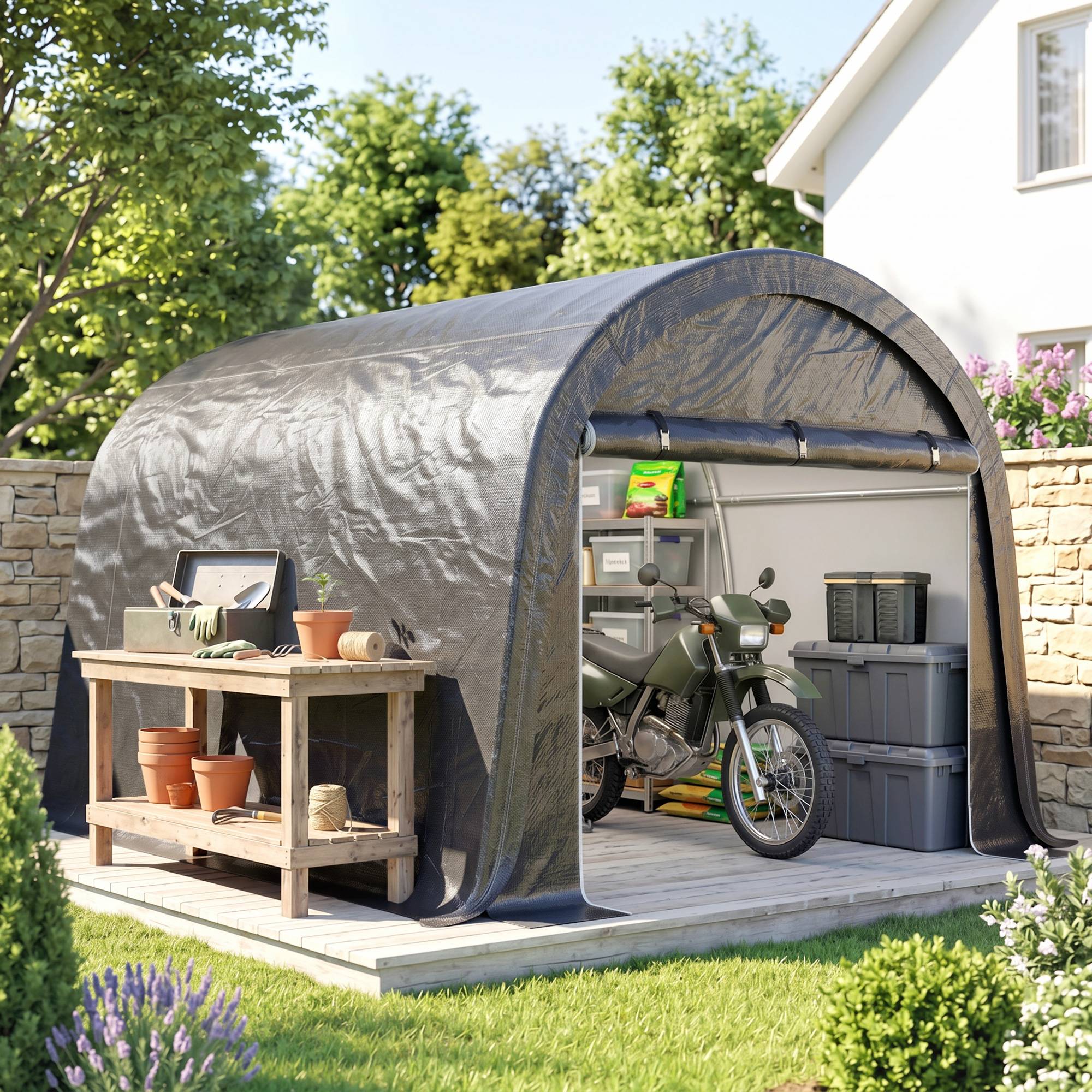Abri de jardin pour motos, vélos et outils, avec 2 entrées zippées, en acier et PE, 300 x 300 x 235 cm, gris - Image 3