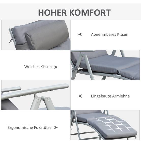 Transat pliable et réglable avec coussin, en métal gris. - Image 5