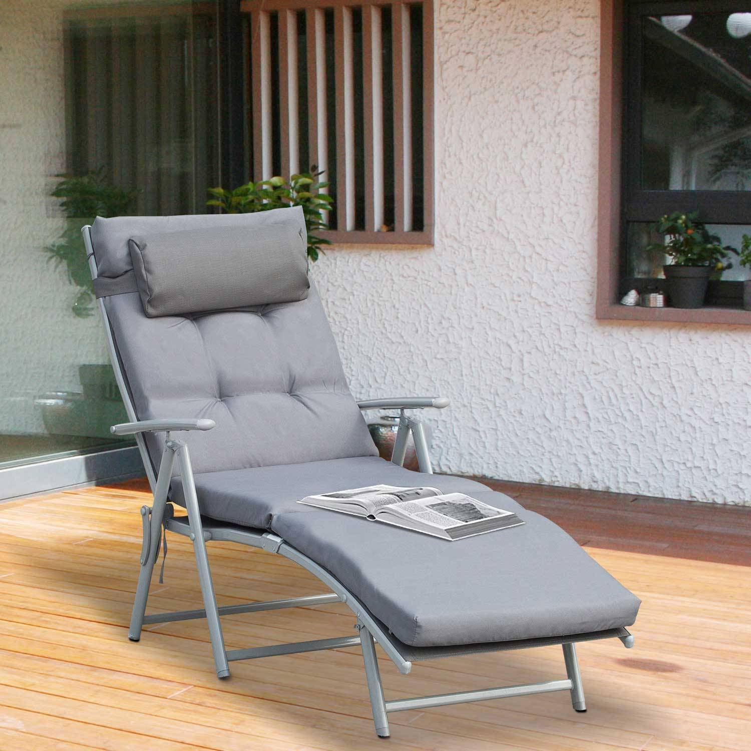 Transat pliable et réglable avec coussin, en métal gris. - Image 2