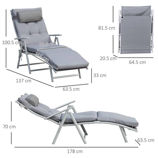 Transat pliable et réglable avec coussin, en métal gris. - Image 3