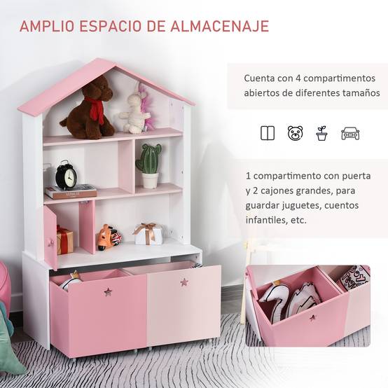 Bibliothèque en bois pour enfants, avec 4 compartiments, 1 porte et 2 tiroirs à roulettes pour livres et jouets, 80 x 34 x 130 cm, rose et blanc - Image 6