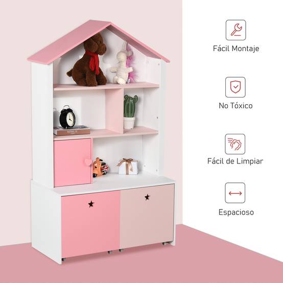 Bibliothèque en bois pour enfants, avec 4 compartiments, 1 porte et 2 tiroirs à roulettes pour livres et jouets, 80 x 34 x 130 cm, rose et blanc - Image 9