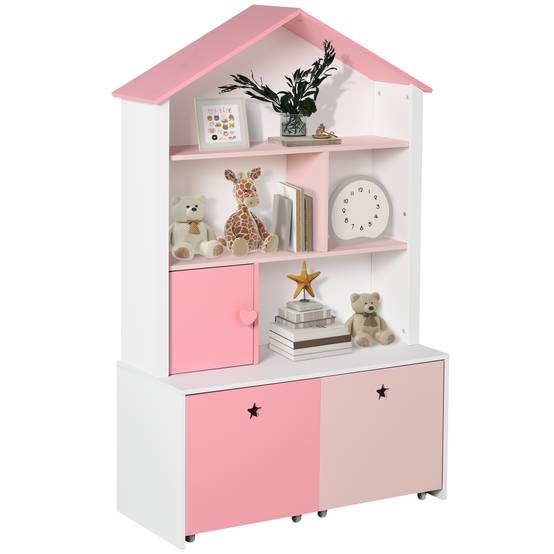 Bibliothèque en bois pour enfants, avec 4 compartiments, 1 porte et 2 tiroirs à roulettes pour livres et jouets, 80 x 34 x 130 cm, rose et blanc - Image 1
