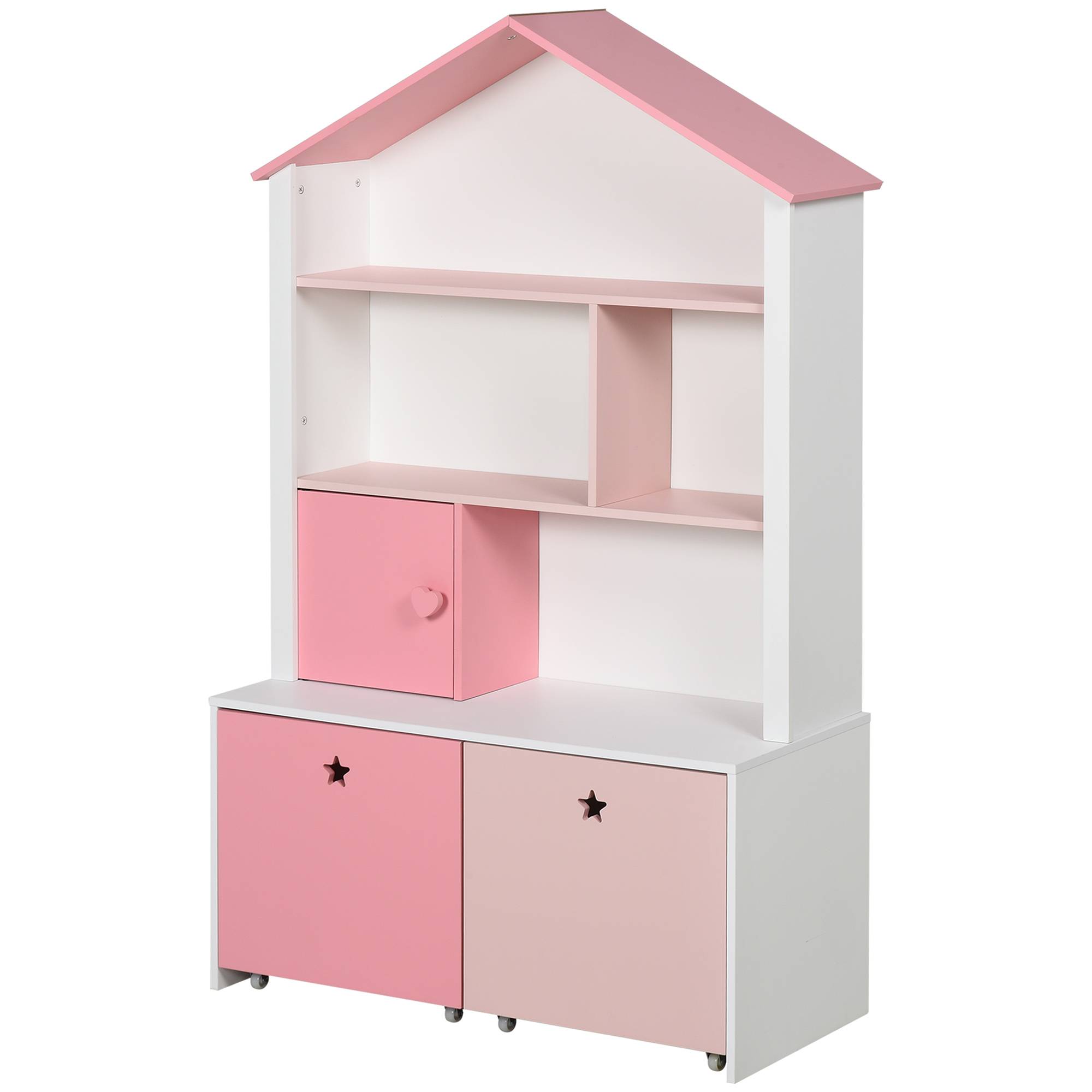 Bibliothèque en bois pour enfants, avec 4 compartiments, 1 porte et 2 tiroirs à roulettes pour livres et jouets, 80 x 34 x 130 cm, rose et blanc - Image 2