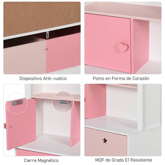 Bibliothèque en bois pour enfants, avec 4 compartiments, 1 porte et 2 tiroirs à roulettes pour livres et jouets, 80 x 34 x 130 cm, rose et blanc - Image 8