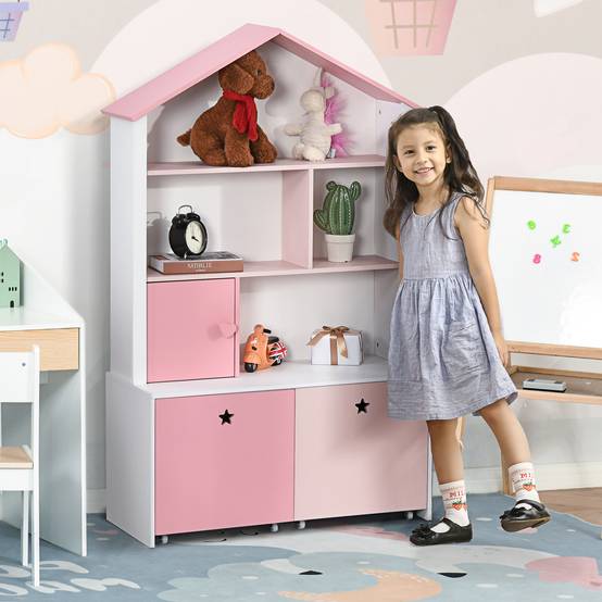 Bibliothèque en bois pour enfants, avec 4 compartiments, 1 porte et 2 tiroirs à roulettes pour livres et jouets, 80 x 34 x 130 cm, rose et blanc - Image 3