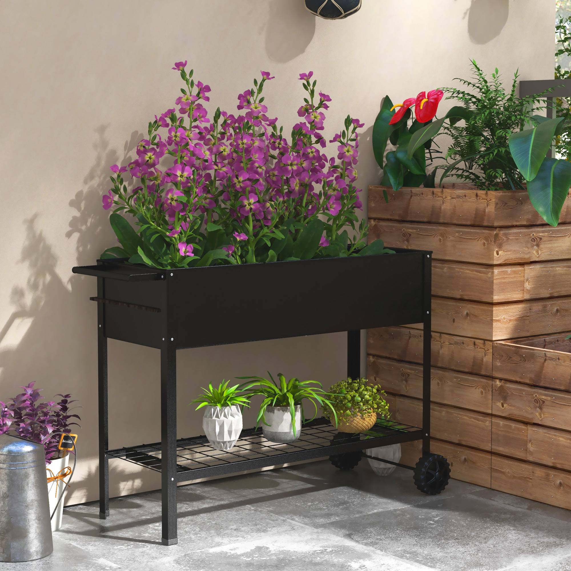 Jardinière sur Pieds Potager dim. 109L x 39l x 80H cm étagère 2 Roues + Insert d'irrigation métal Noir - Image 3