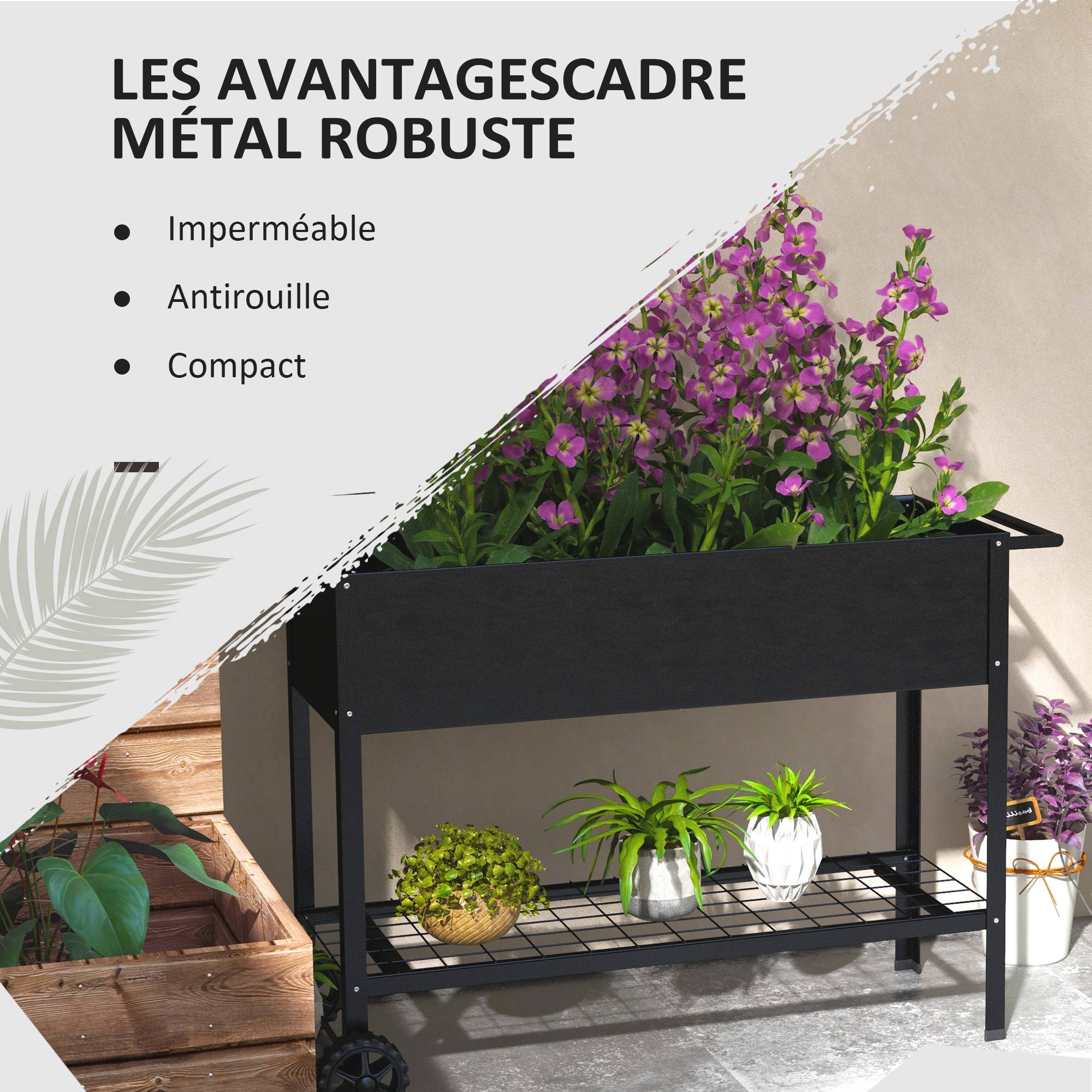 Jardinière sur Pieds Potager dim. 109L x 39l x 80H cm étagère 2 Roues + Insert d'irrigation métal Noir - Image 8