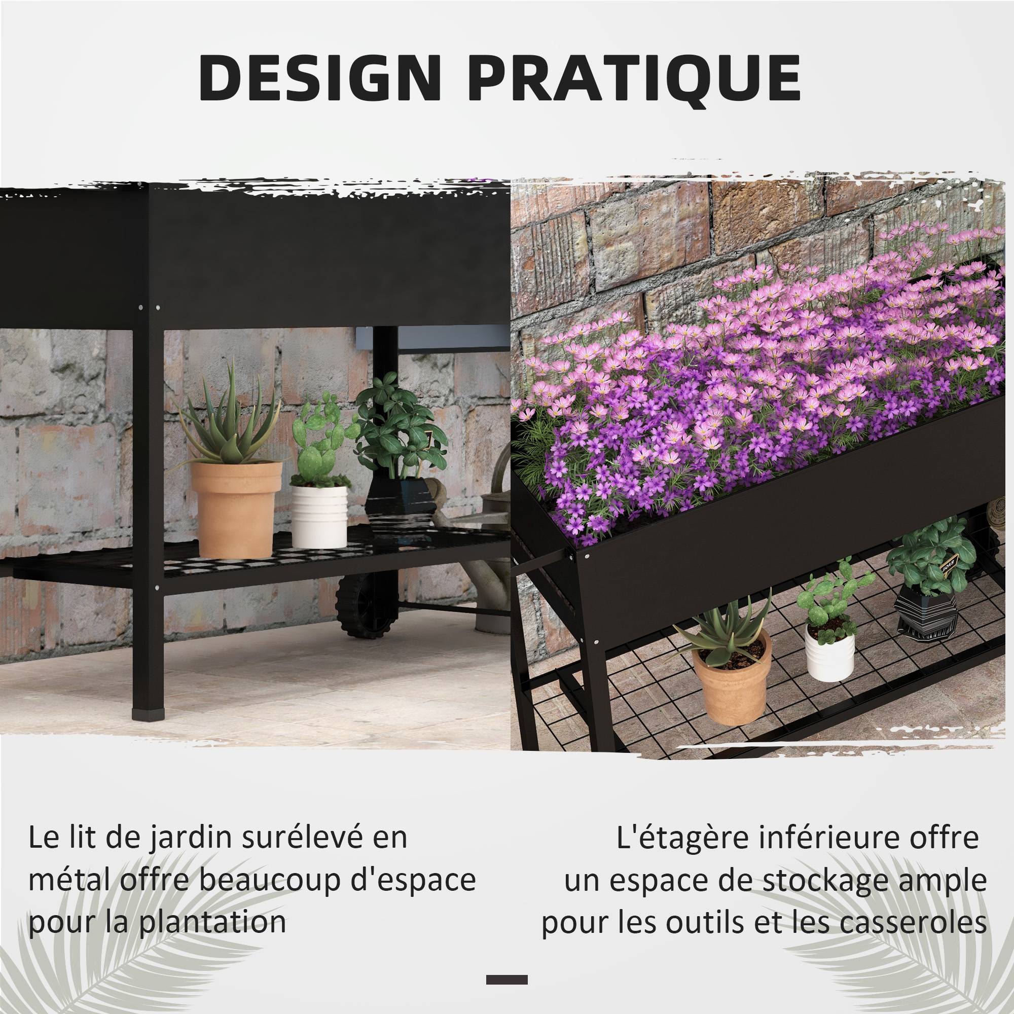 Jardinière sur Pieds Potager dim. 109L x 39l x 80H cm étagère 2 Roues + Insert d'irrigation métal Noir - Image 7