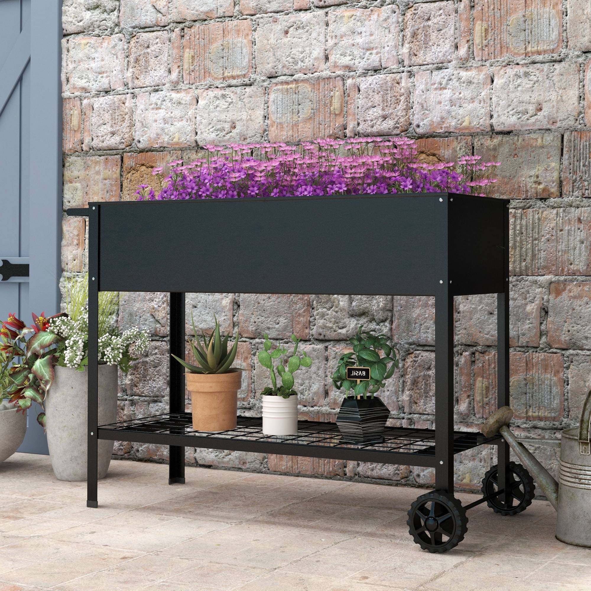 Jardinière sur Pieds Potager dim. 109L x 39l x 80H cm étagère 2 Roues + Insert d'irrigation métal Noir - Image 4