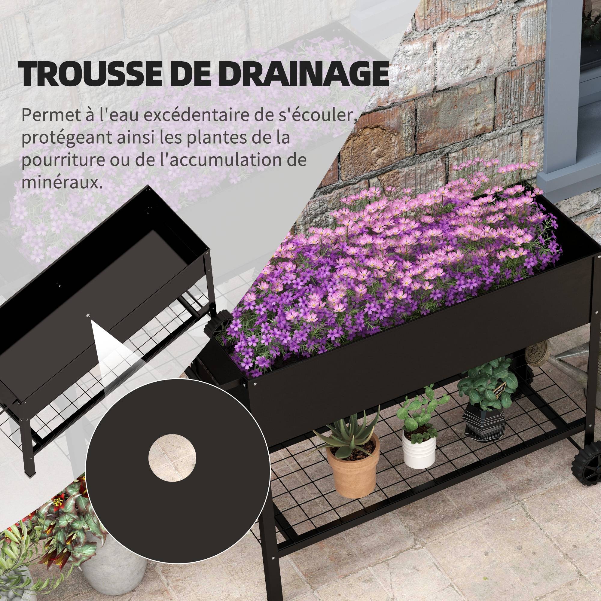 Jardinière sur Pieds Potager dim. 109L x 39l x 80H cm étagère 2 Roues + Insert d'irrigation métal Noir - Image 9
