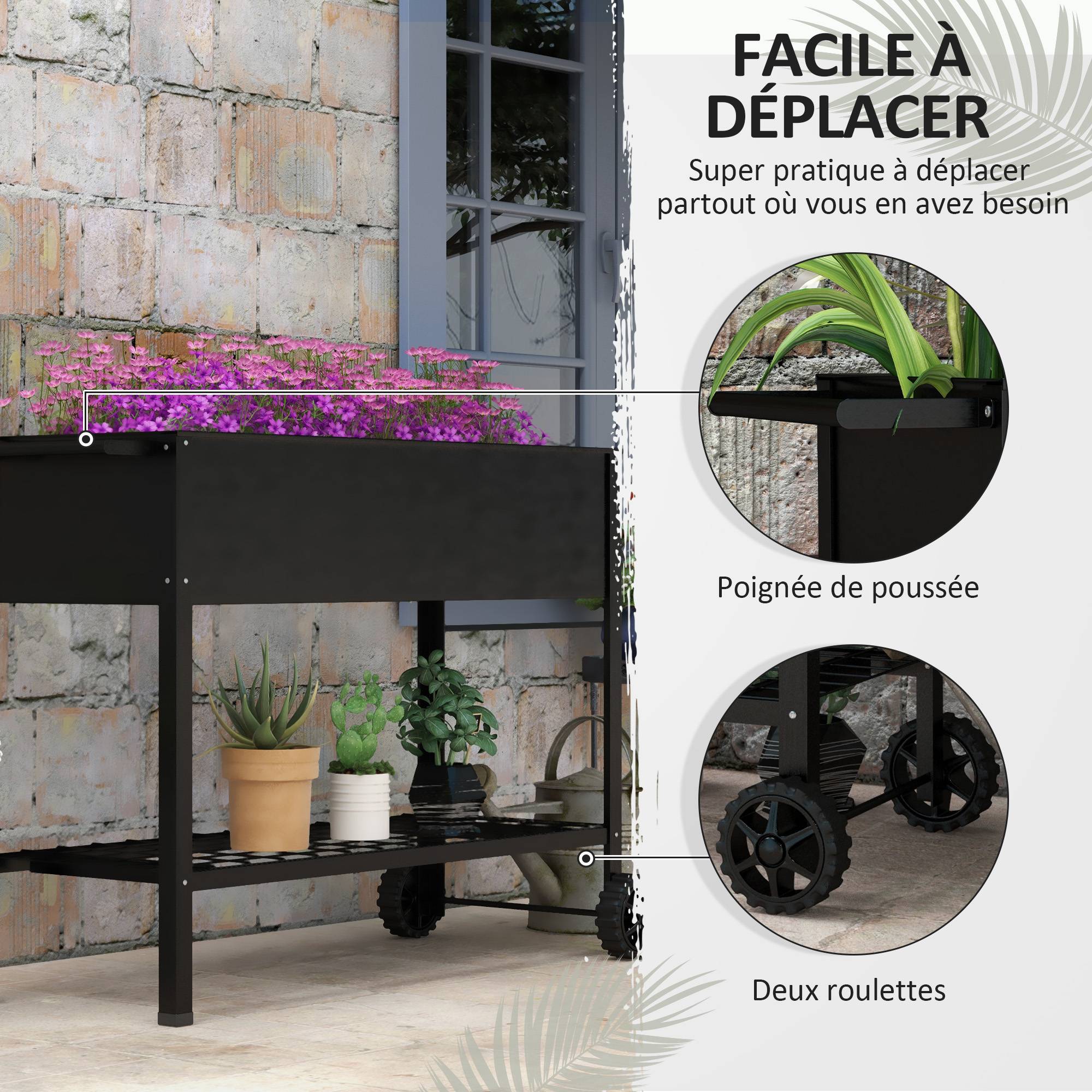 Jardinière sur Pieds Potager dim. 109L x 39l x 80H cm étagère 2 Roues + Insert d'irrigation métal Noir - Image 6