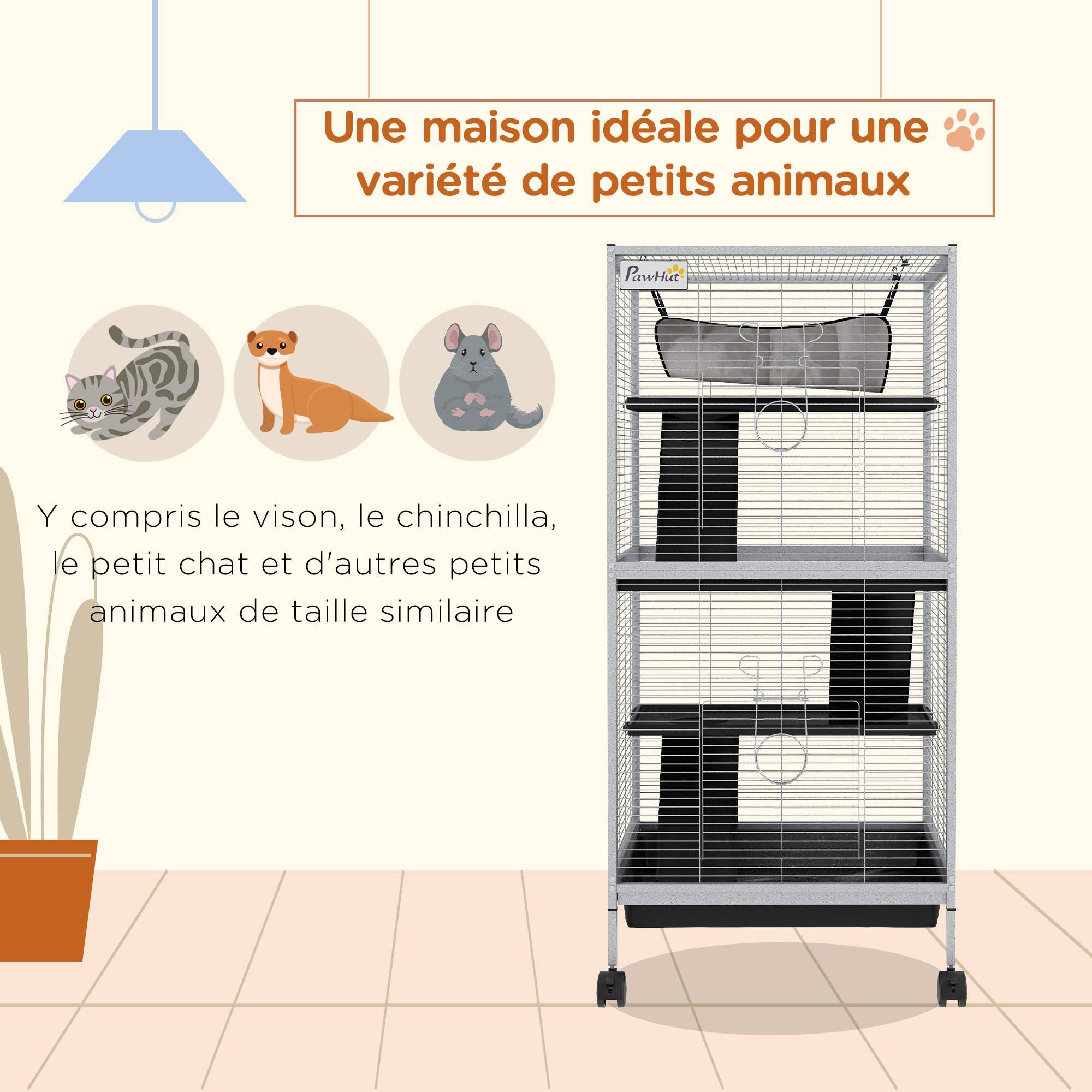 Cage pour petits animaux métal noir 52 x 52 x 113.5 cm - PANGIVO - Image 6