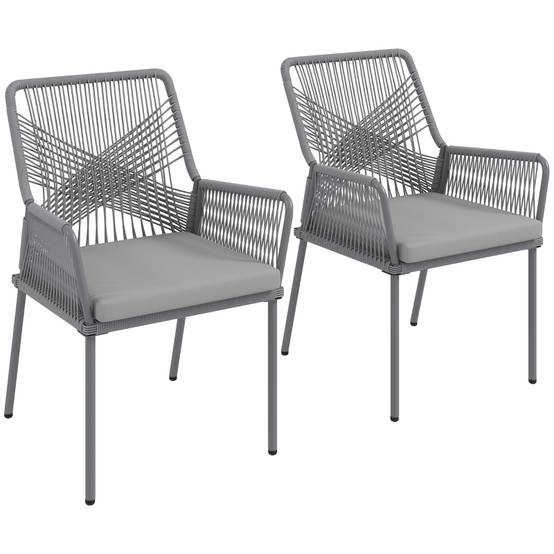 Lot de 2 chaises de jardin en rotin avec coussin d'assise amovible résistantes aux intempéries gris foncé - Image 7