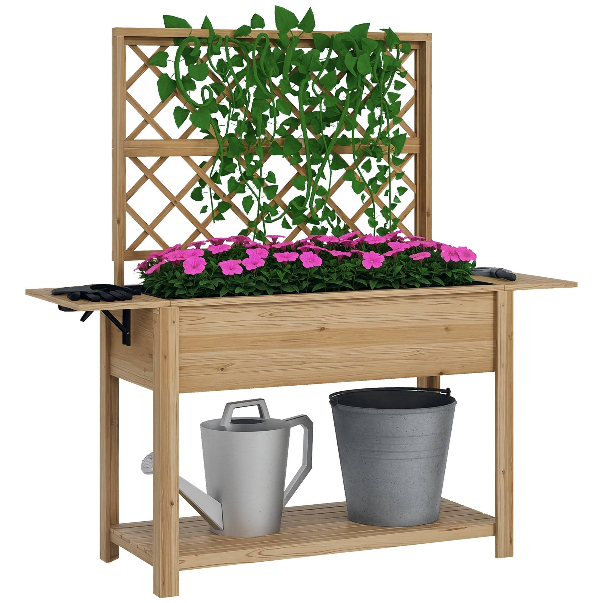 Jardinière rectangulaire sur pieds avec treillis 2 tablettes latérales rabattables 1 étagère inférieure bois - Image 1