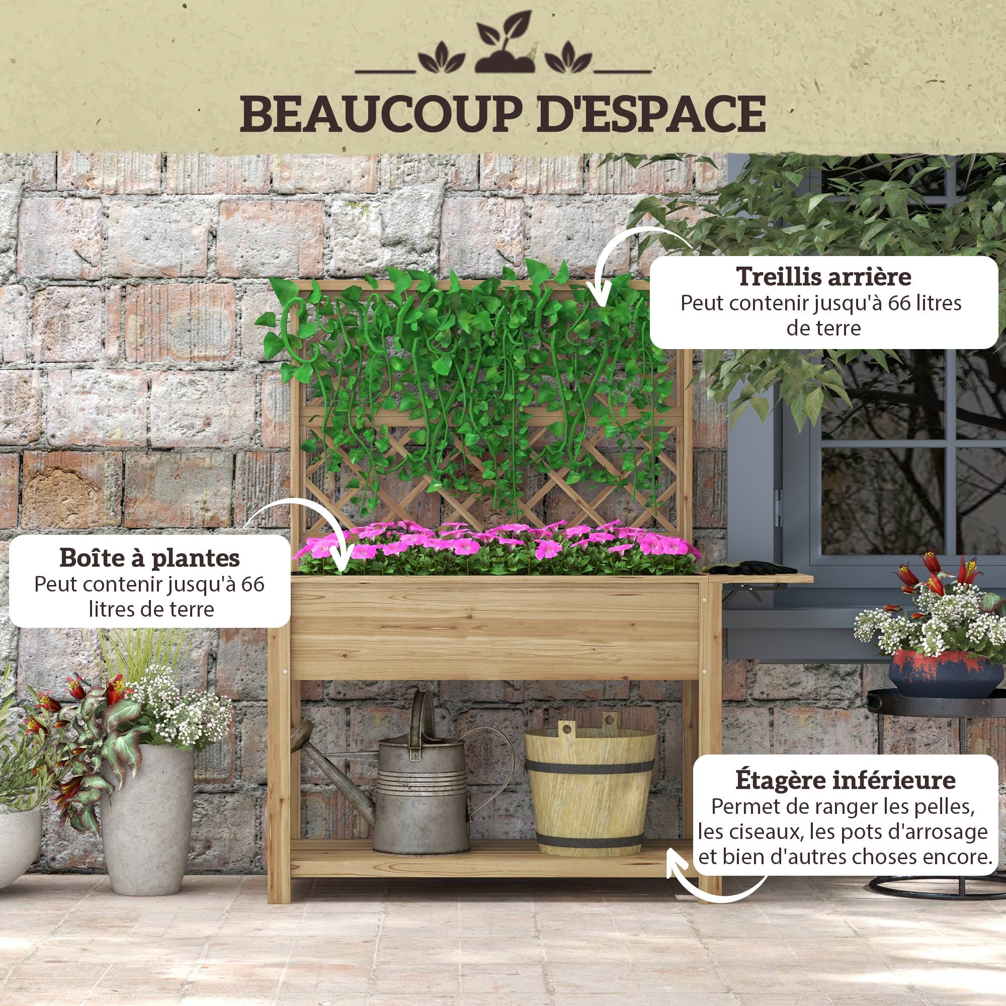 Jardinière rectangulaire sur pieds avec treillis 2 tablettes latérales rabattables 1 étagère inférieure bois - Image 6