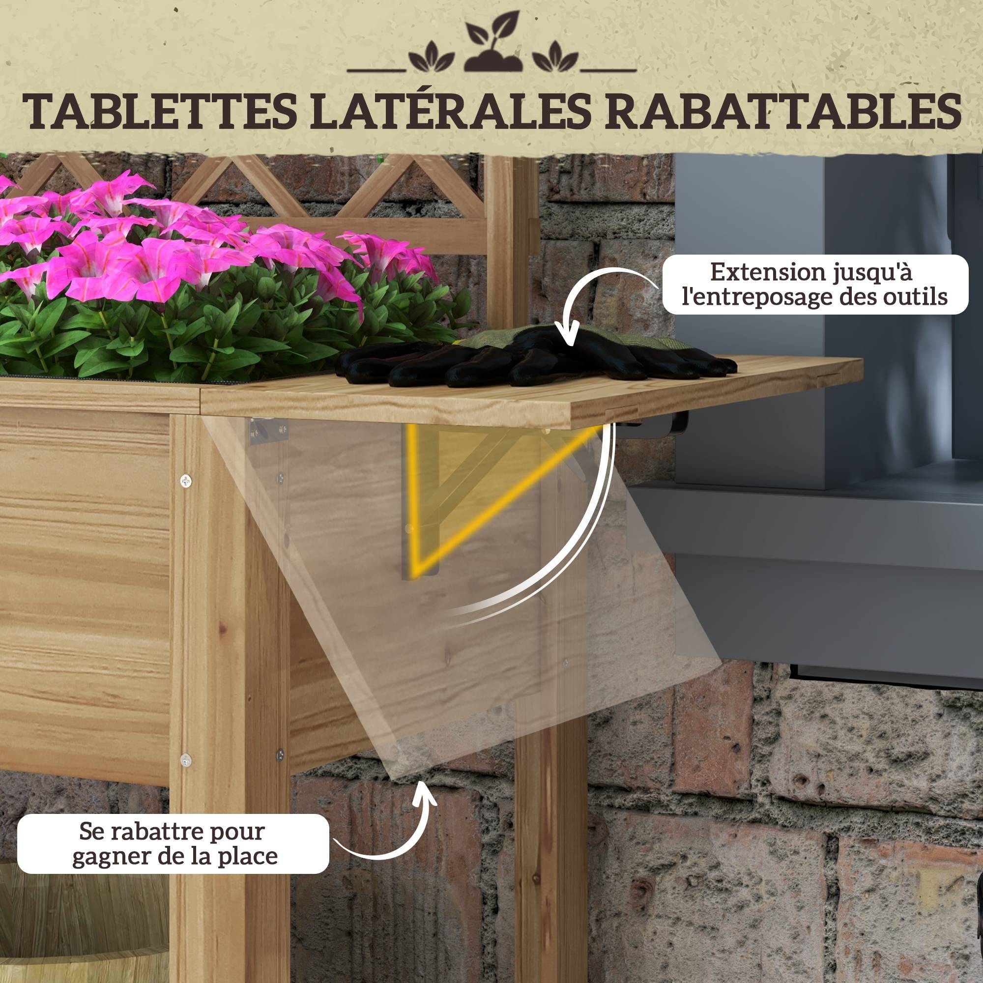 Jardinière rectangulaire sur pieds avec treillis 2 tablettes latérales rabattables 1 étagère inférieure bois - Image 7