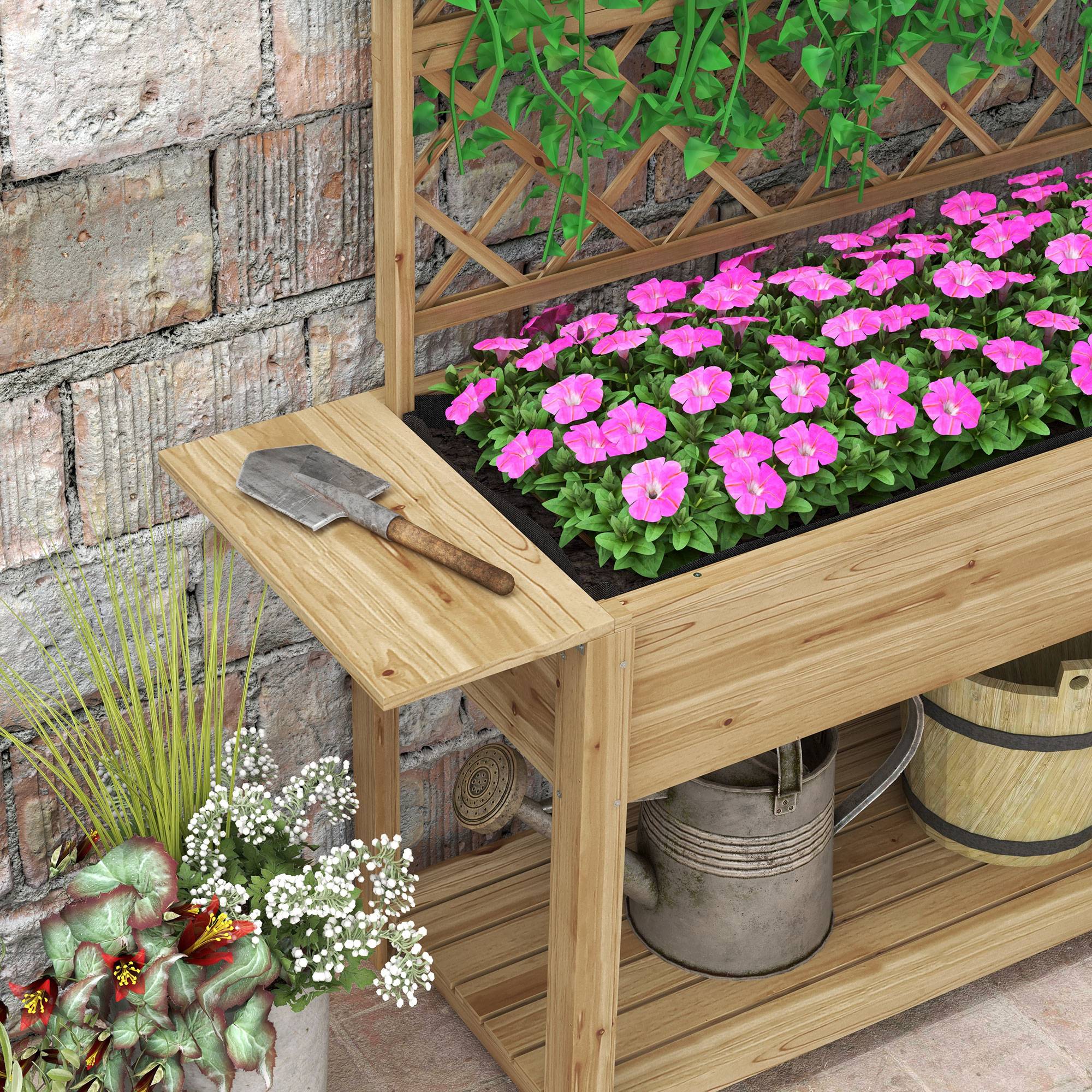 Jardinière rectangulaire sur pieds avec treillis 2 tablettes latérales rabattables 1 étagère inférieure bois - Image 10