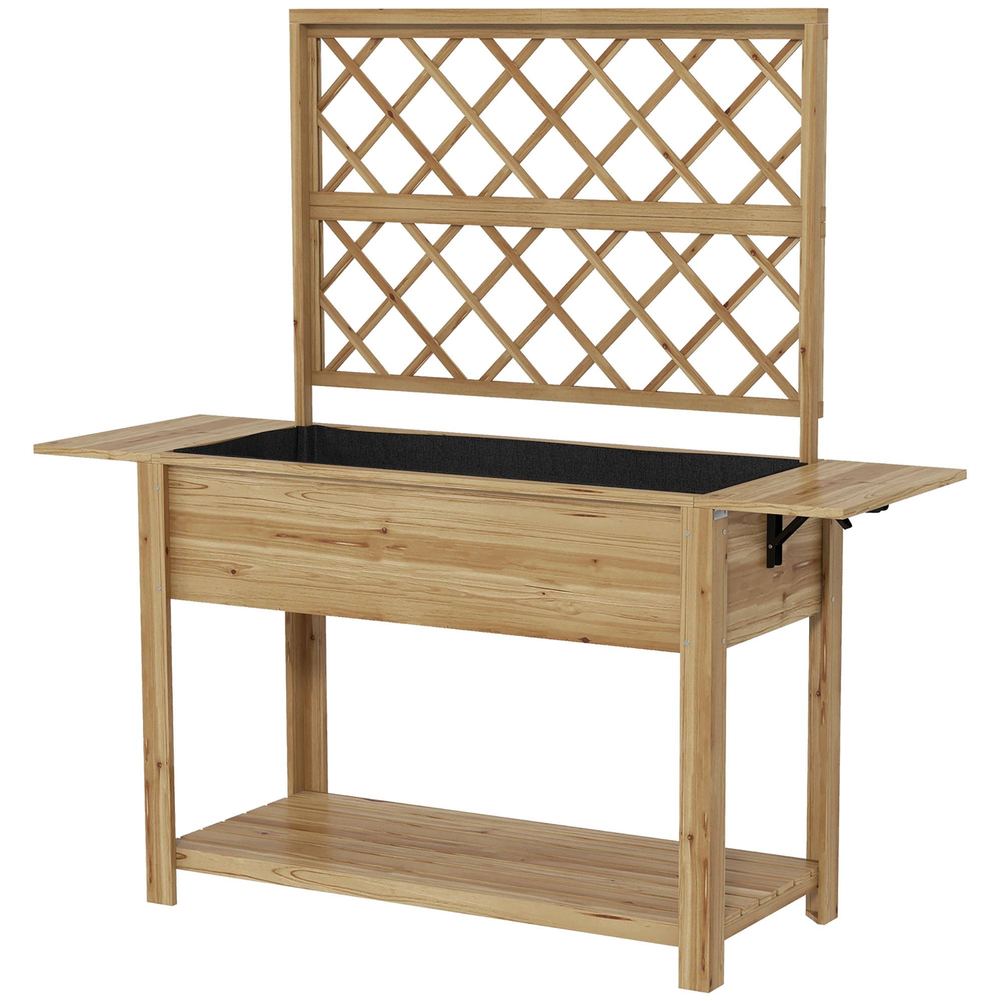 Jardinière rectangulaire sur pieds avec treillis 2 tablettes latérales rabattables 1 étagère inférieure bois - Image 2