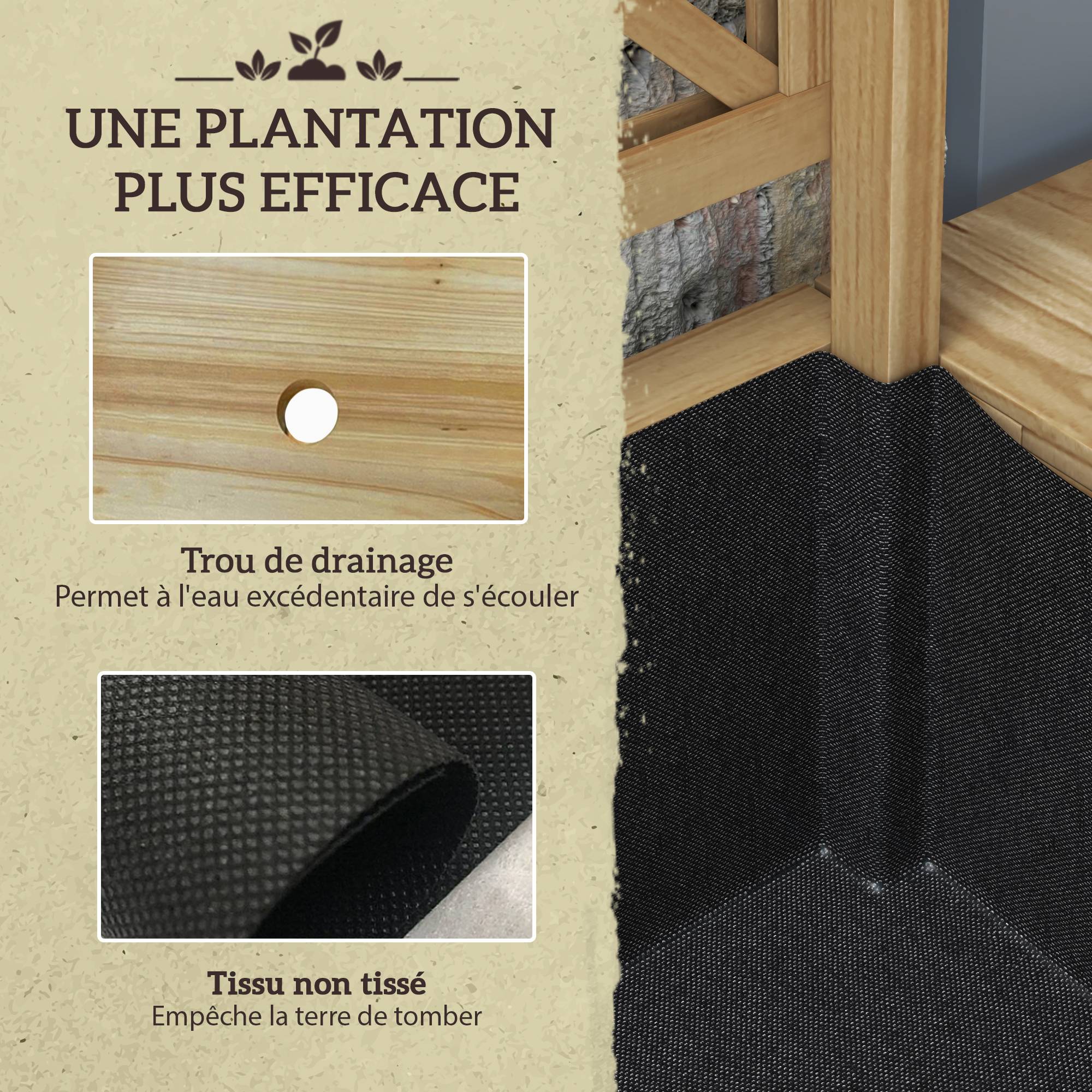 Jardinière rectangulaire sur pieds avec treillis 2 tablettes latérales rabattables 1 étagère inférieure bois - Image 8
