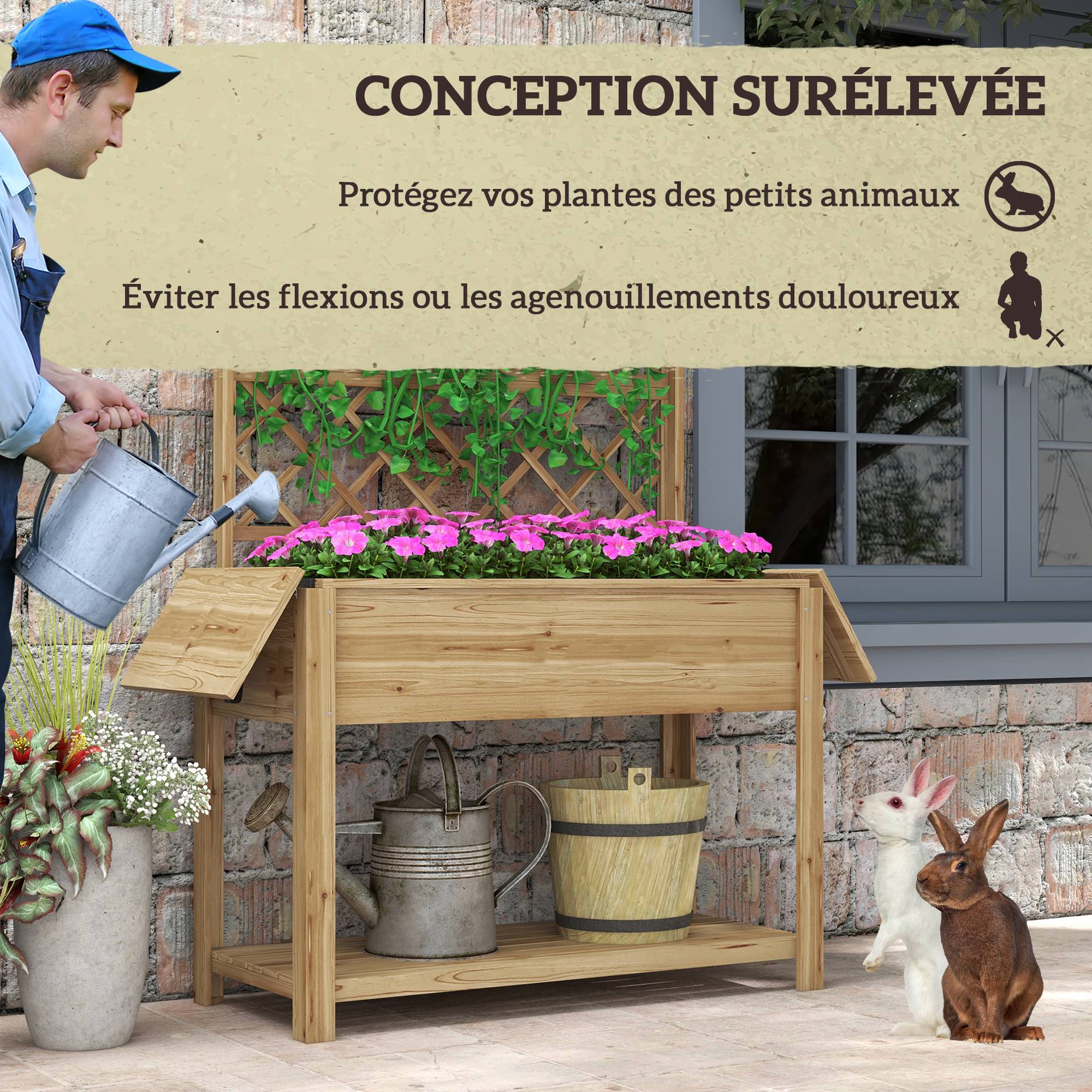 Jardinière rectangulaire sur pieds avec treillis 2 tablettes latérales rabattables 1 étagère inférieure bois - Image 9
