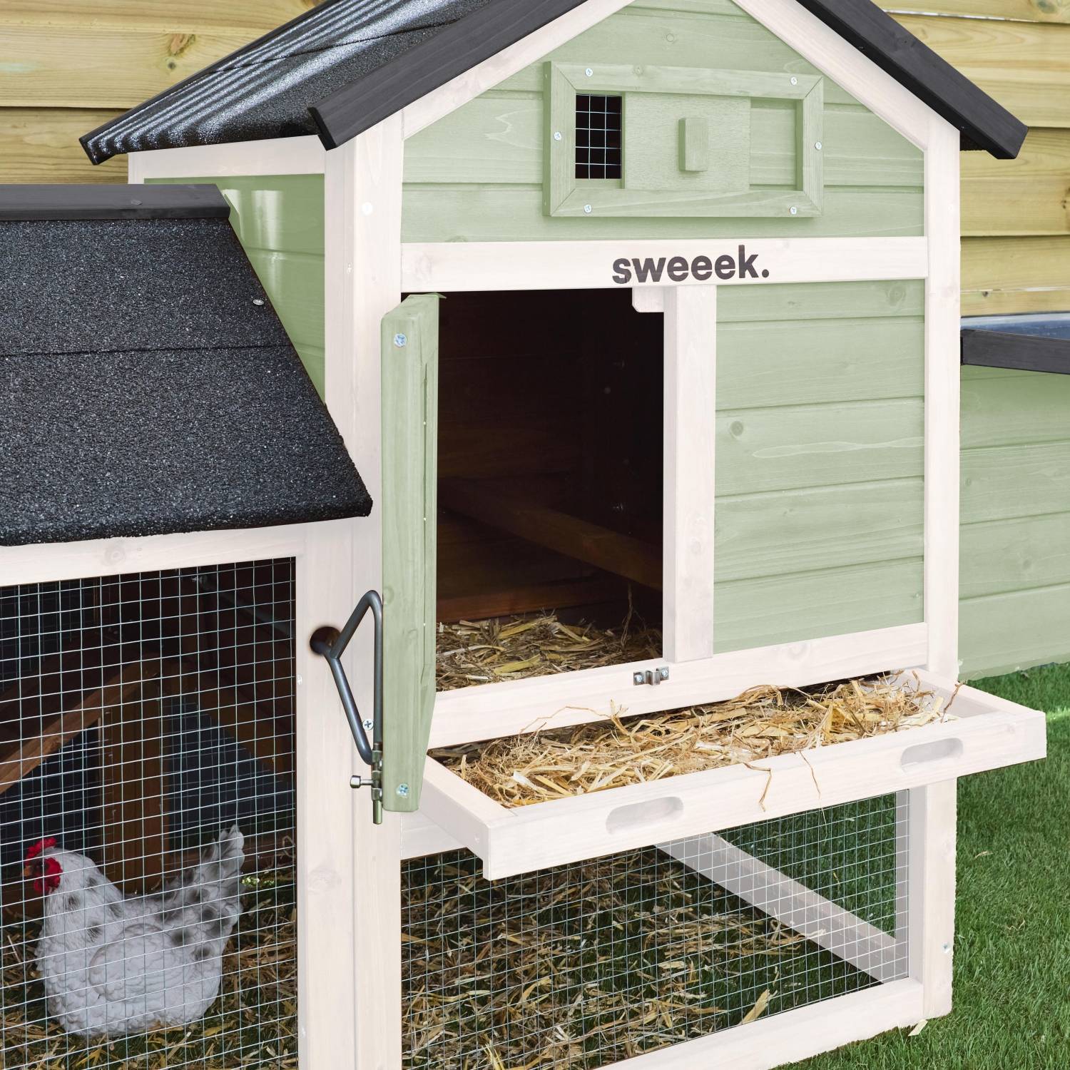 sweeek - Poulailler en bois blanc et vert GALINETTE. 3 poules. cage à poule avec enclos | sweeek