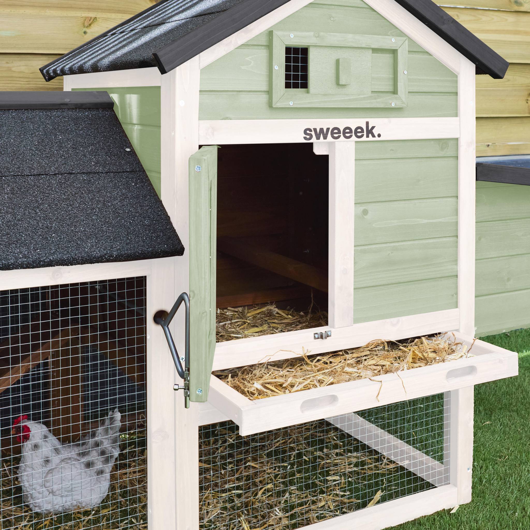 sweeek - Poulailler en bois blanc et vert GALINETTE. 3 poules. cage à poule avec enclos | sweeek - Image 3