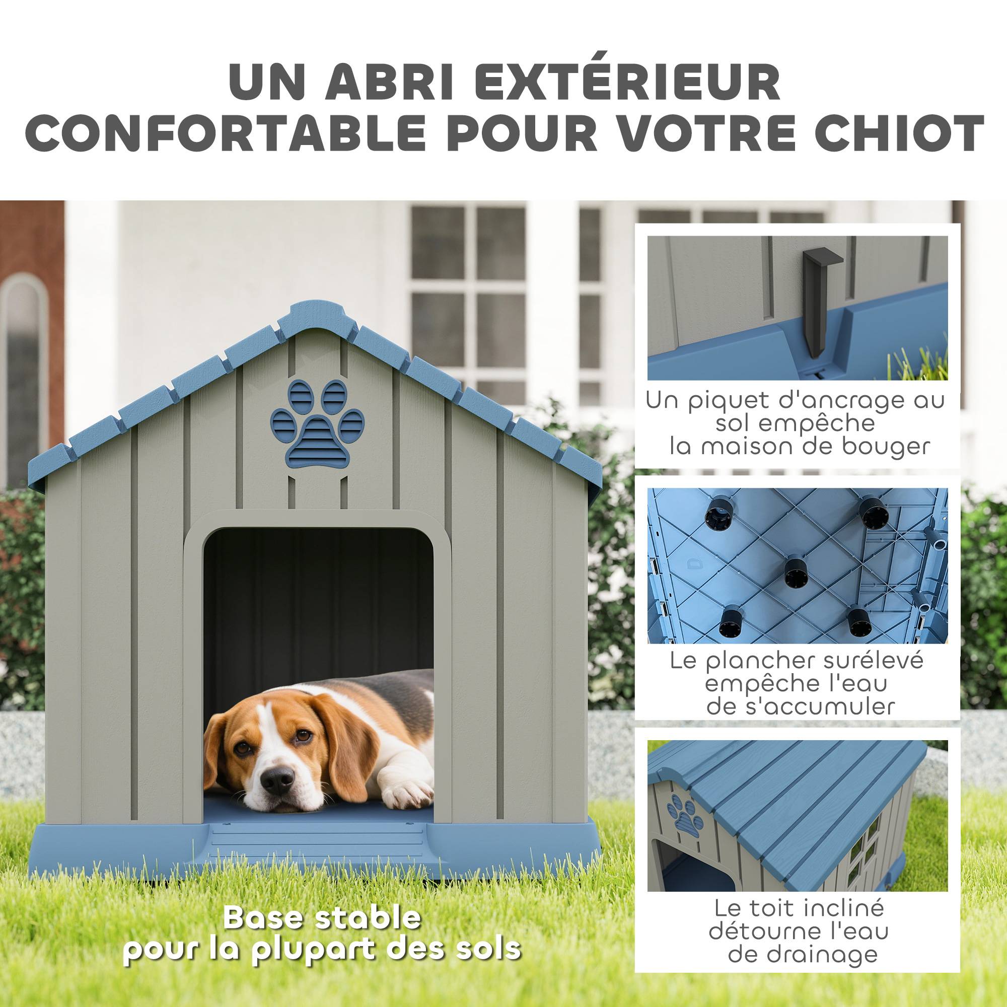 Niche pour chien extérieur maison chien extérieur bouches d'aération et plancher suréleveé 85 x 79 x 82 cm bleu - Image 6