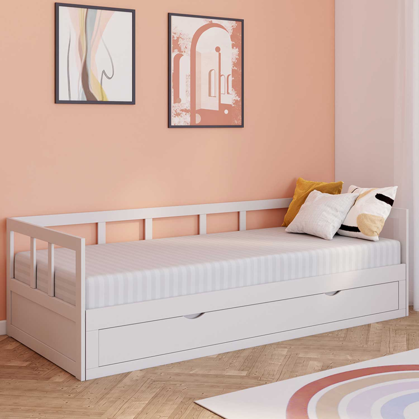 Lit banquette 90 x 190 cm ZOYA convertible 180 x 190 cm blanc avec 1 tiroir de rangement - Image 1
