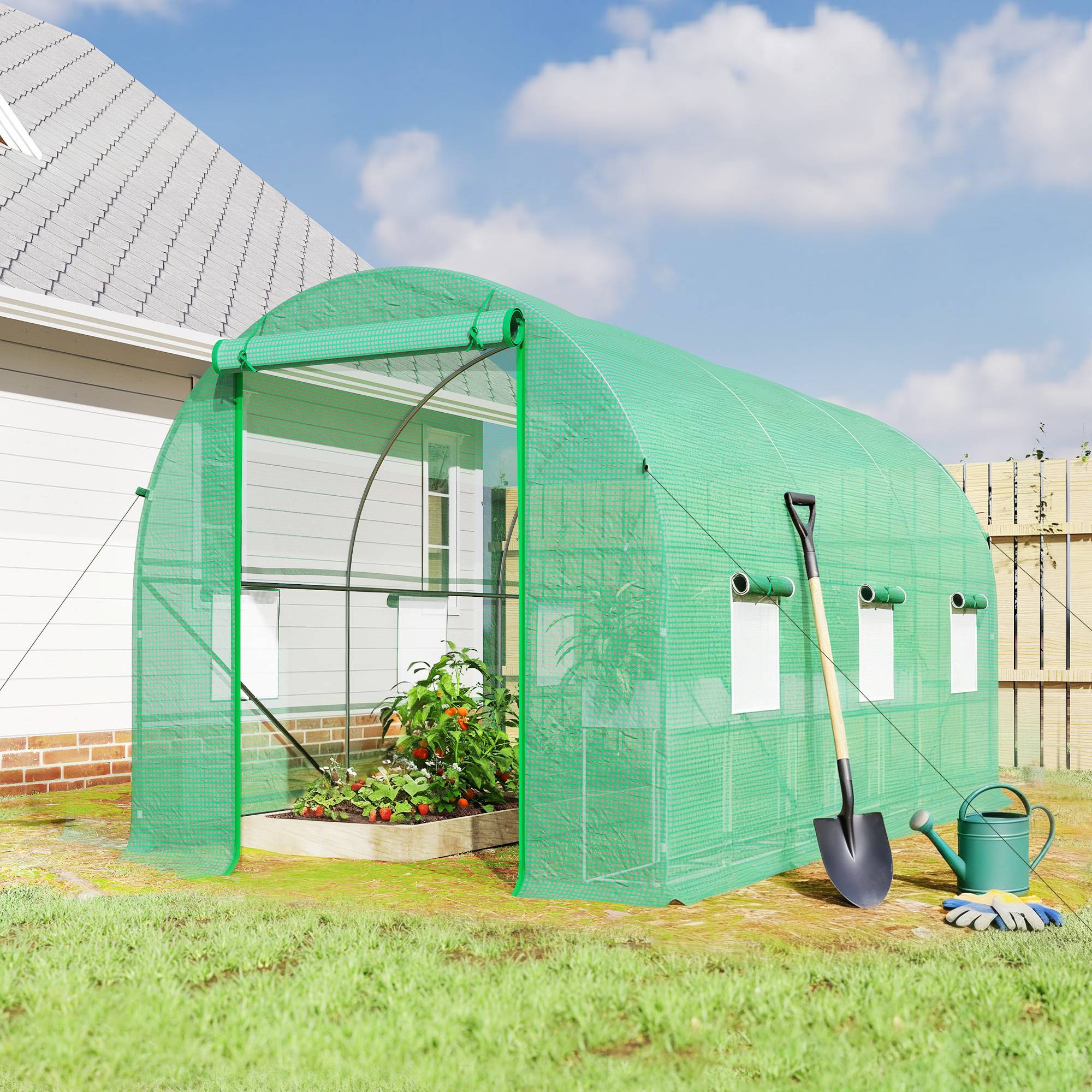 Serre tunnel de jardin 8 m², serre de jardin tunnel avec porte et 6 fenêtres, bâche PE 140 g/m² 400 x 200 x 200 cm vert - Image 4