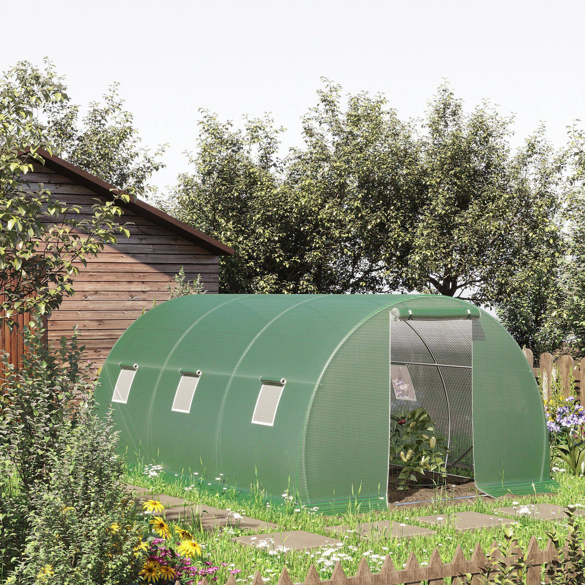 Sans Marque - Serre de jardin tunnel 13,5 m² 6 fenêtres porte zippée enroulable châssis acier galvanisé bâche PE 4,5 x 3 x 2 m vert - Image 4