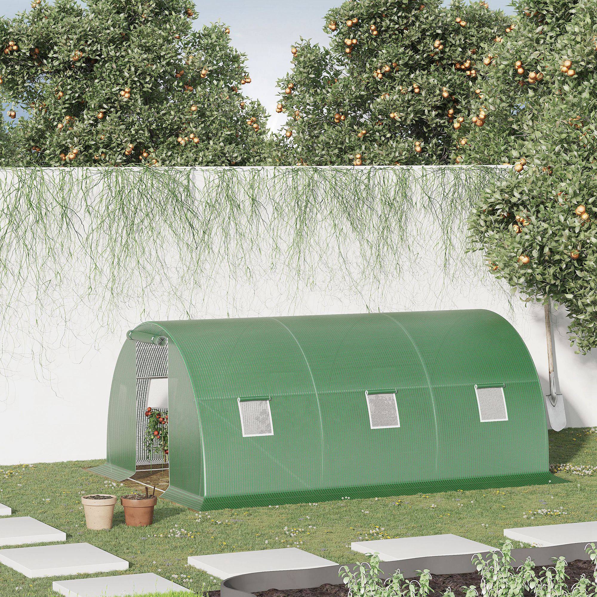 Sans Marque - Serre de jardin tunnel 13,5 m² 6 fenêtres porte zippée enroulable châssis acier galvanisé bâche PE 4,5 x 3 x 2 m vert - Image 3
