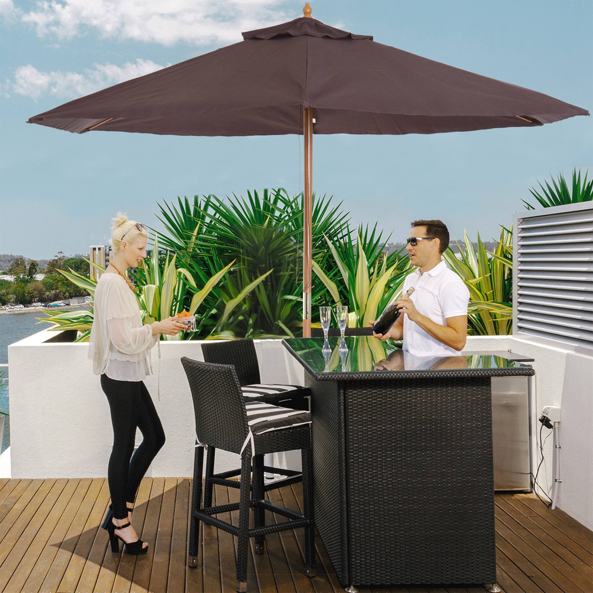 ComfortXL - Parasol Droit en Bois de Bambou Toile Polyester pour Jardin avec Poulie Ø2,5 m Café - ComfortXL Outdoor Living - Image 8